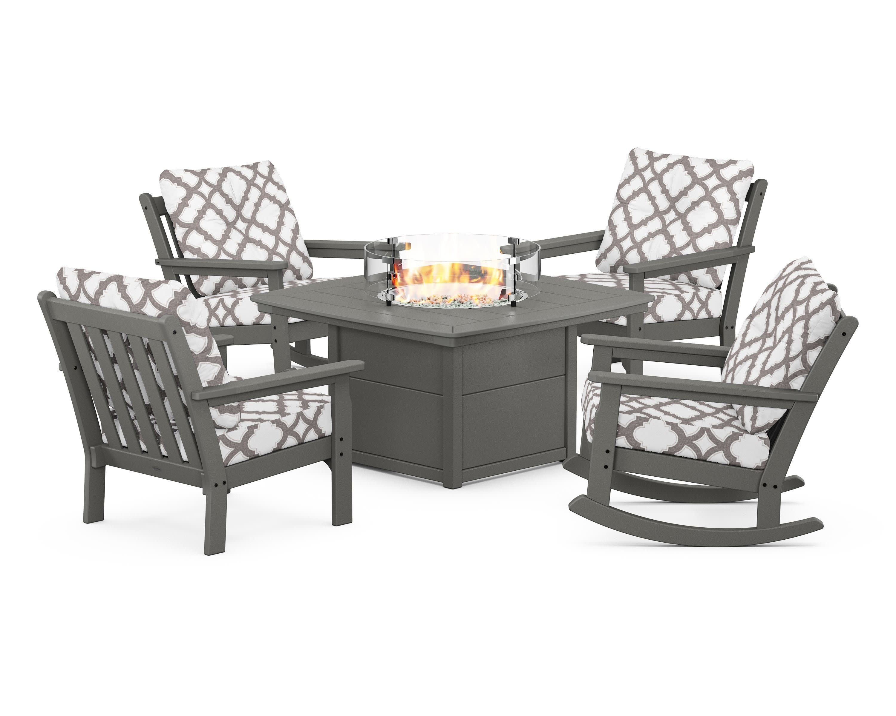 Vineyard 5-Piece Deep Seating Rocking Chair Conversation Set with Fire Pit Table in Slate Grey / Trellis Grey Mist