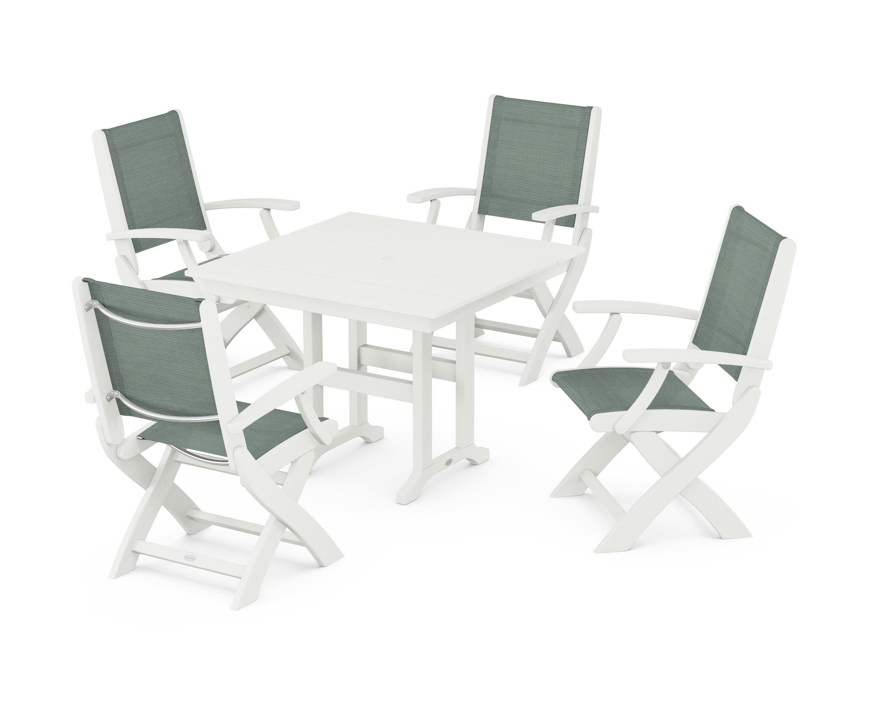 Coastal Folding Chair 5-Piece Farmhouse Dining Set in Vintage White / Dupioni Sea Mist Sling