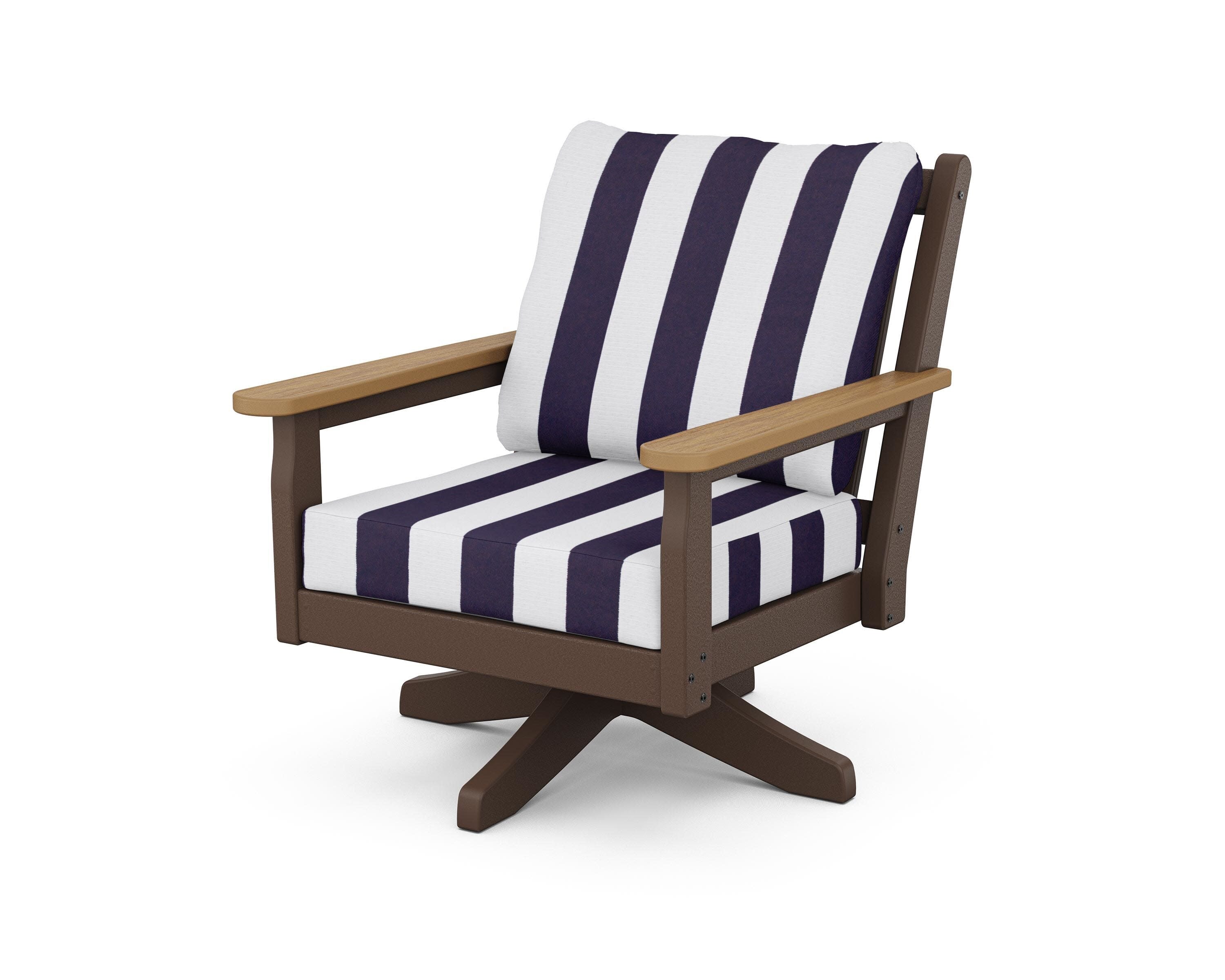 Chippendale Deep Seating Swivel Chair in Mahogany / Natural / Cabana Stripe Navy