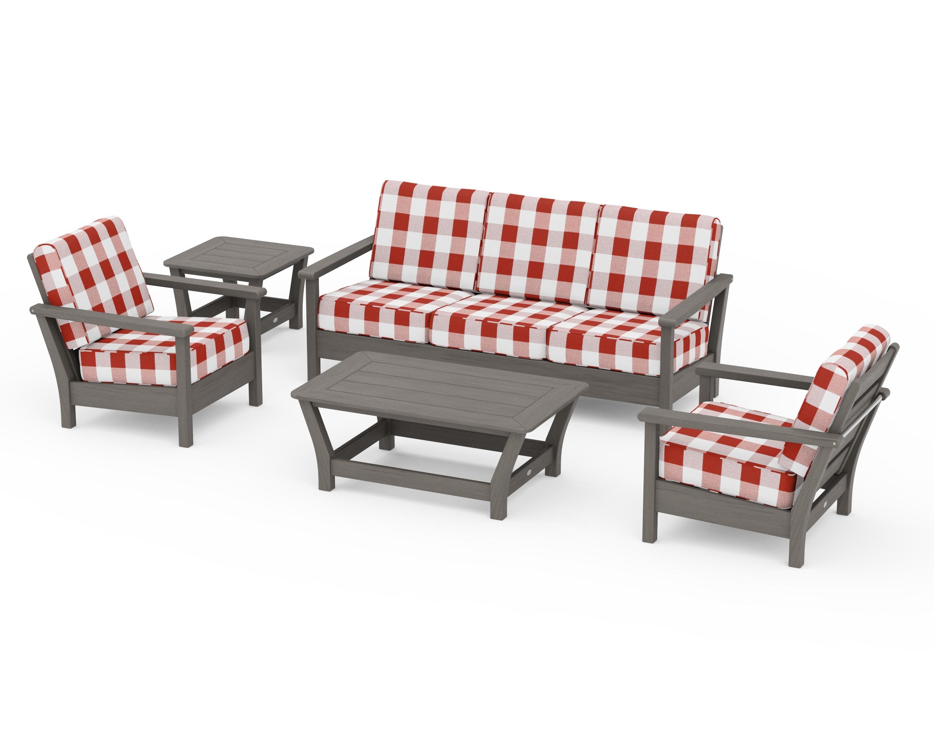 Harbour 5-Piece Deep Seating Set in Driftwood / Buffalo Plaid Crimson