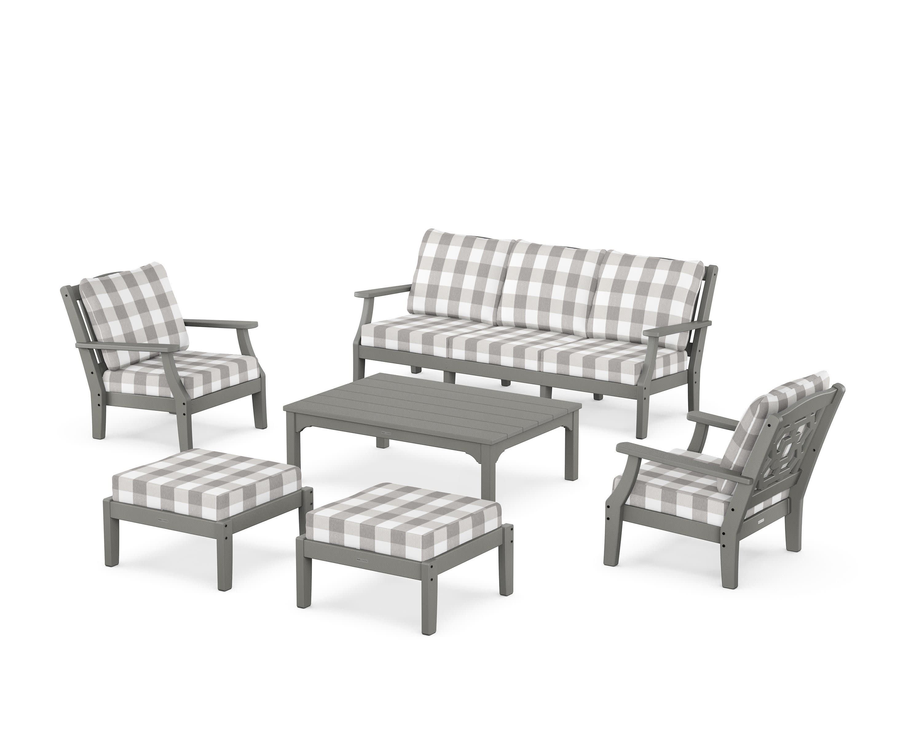 Chinoiserie 6-Piece Lounge Sofa Set in Slate Grey / Buffalo Plaid Grey Mist
