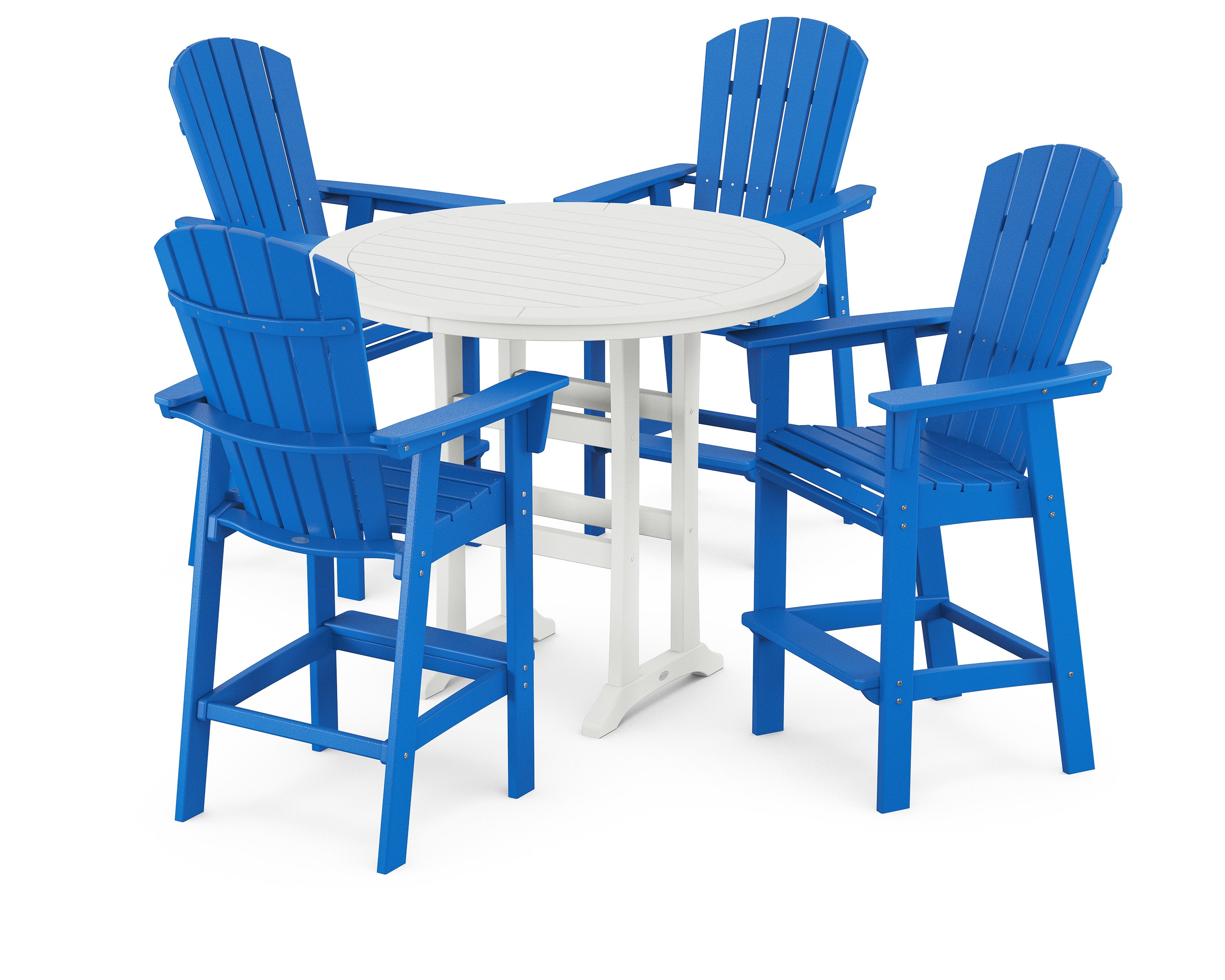 Nautical Curveback Adirondack 5-Piece Round Trestle Bar Set in Pacific Blue / White
