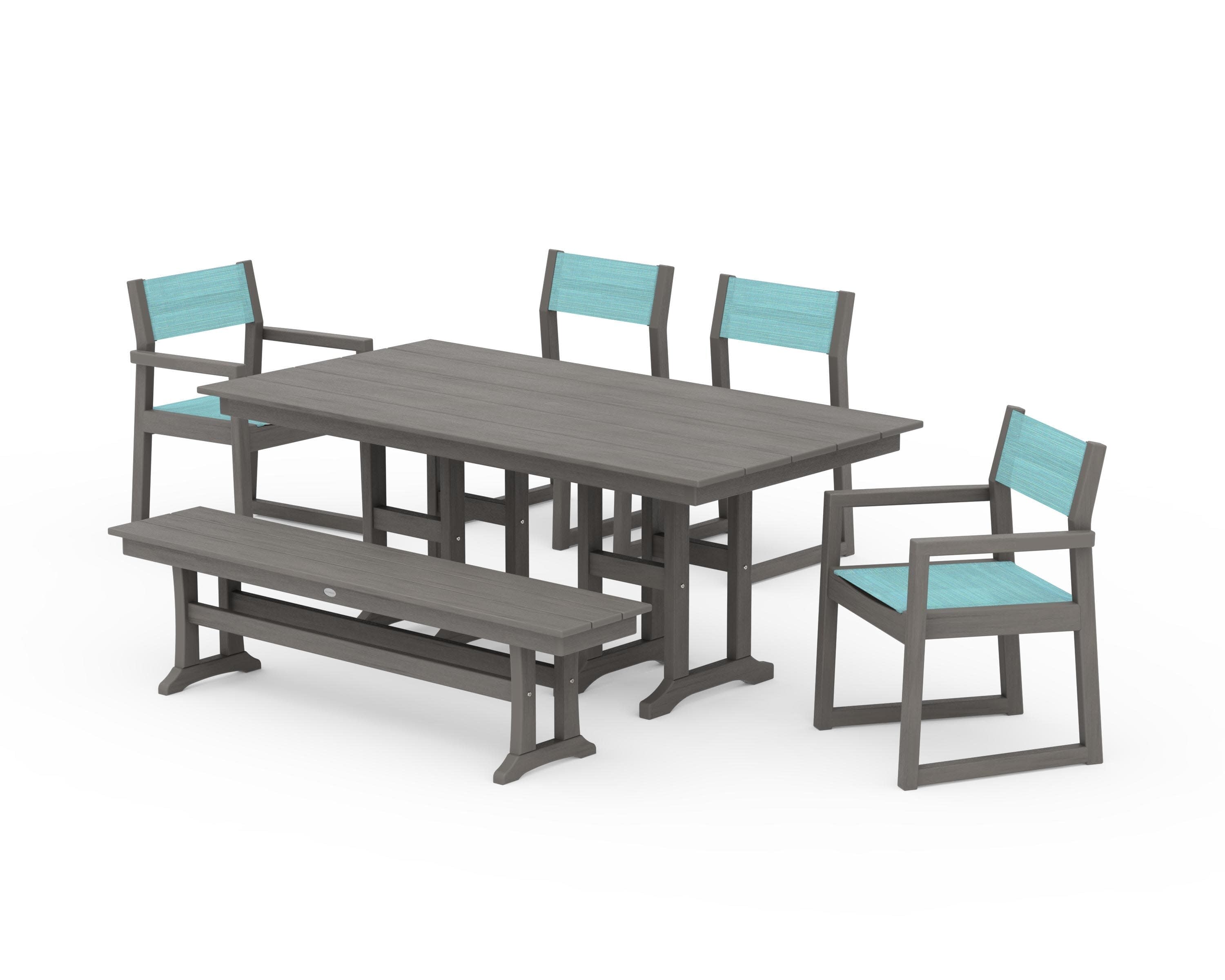 EDGE Sling 6-Piece Farmhouse Dining Set in Driftwood / Dupioni Aquamarine Sling