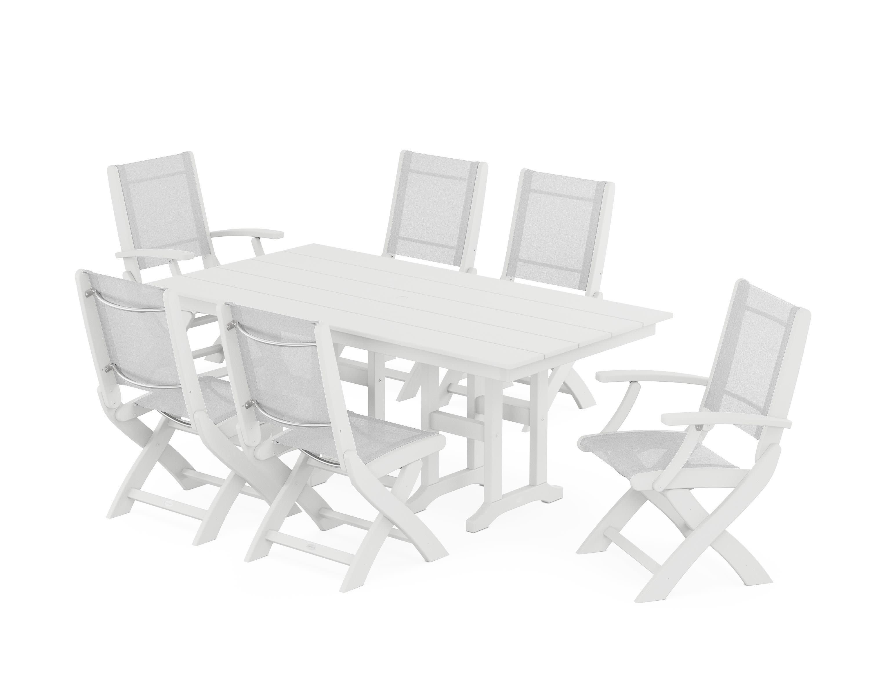 Coastal Folding Chair 7-Piece Farmhouse Dining Set in White / White Sling