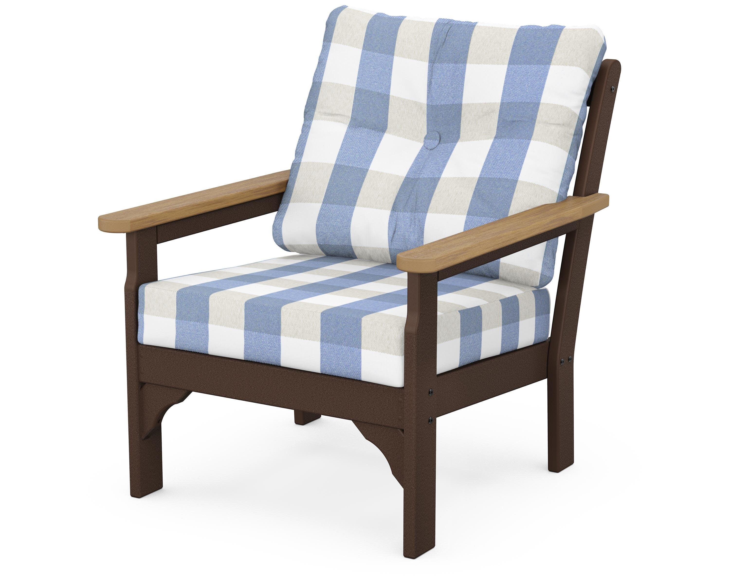 Vineyard Deep Seating Chair in Mahogany / Natural / Buffalo Plaid Sky Blue