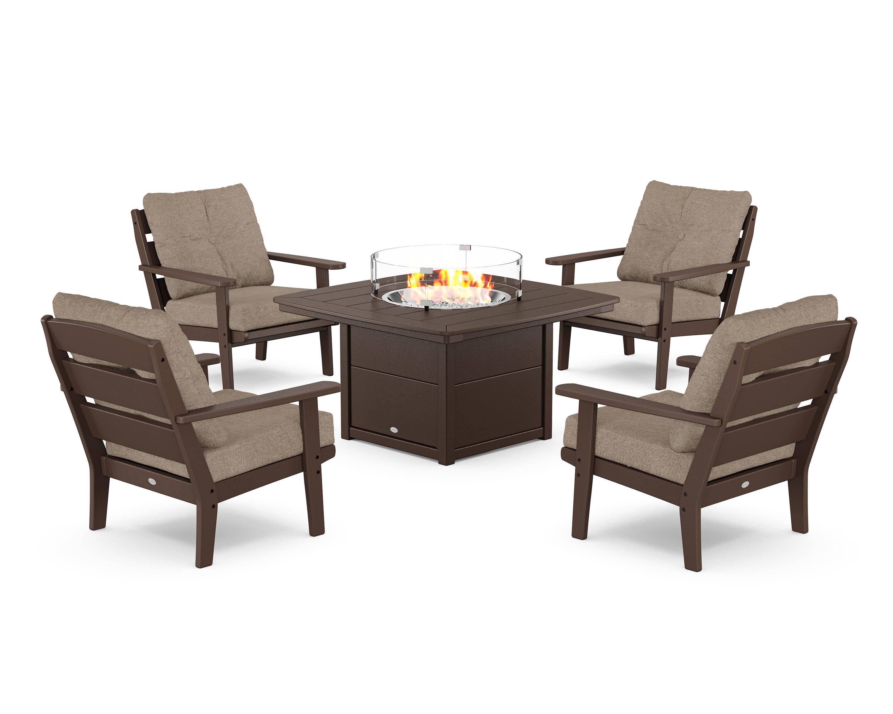 Lakeside 5-Piece Deep Seating Set with Nautical Fire Pit Table in Mahogany / Spiced Burlap