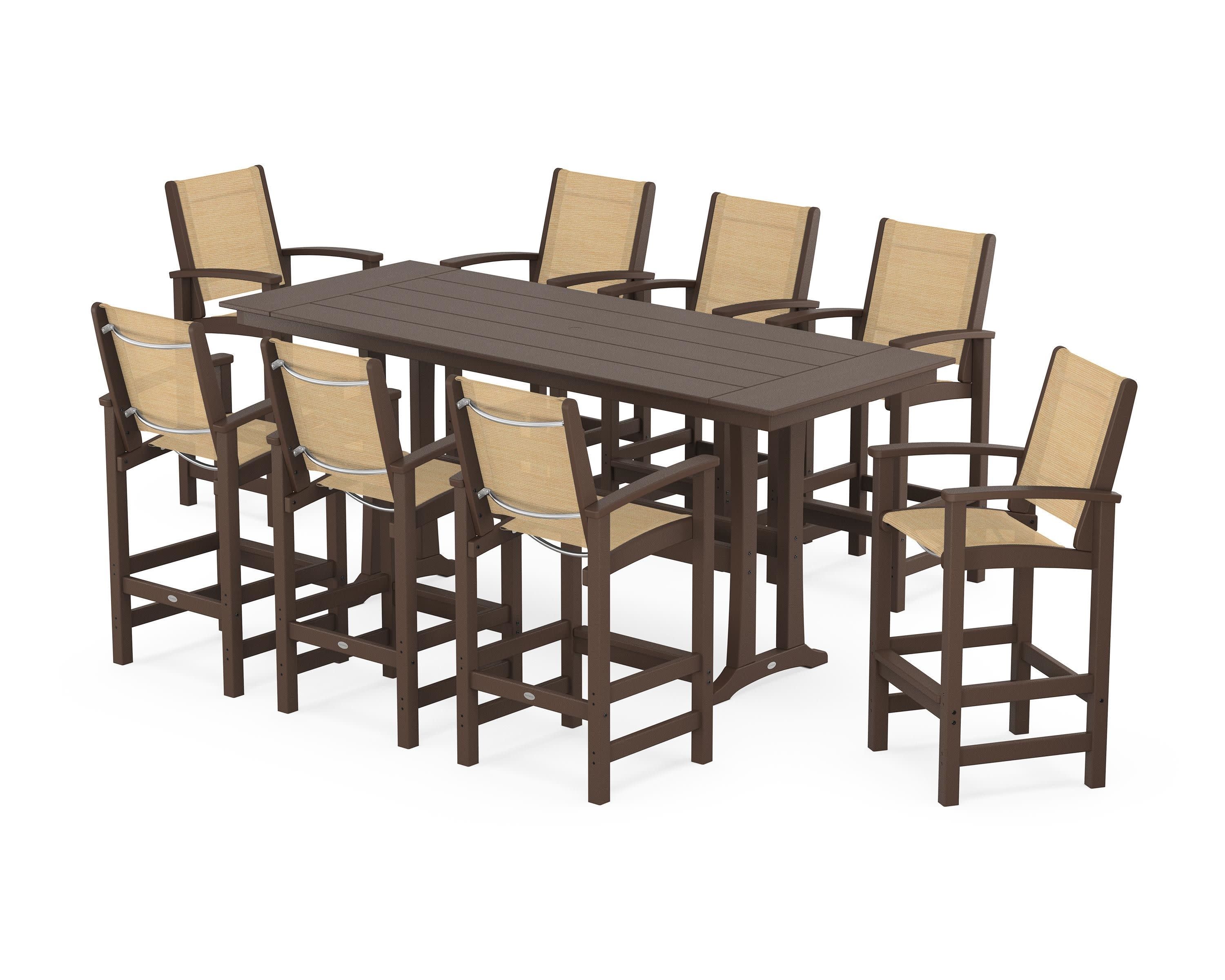 Coastal 9-Piece Farmhouse Bar Set with Trestle Legs in Mahogany / Dupioni Apricot Sling