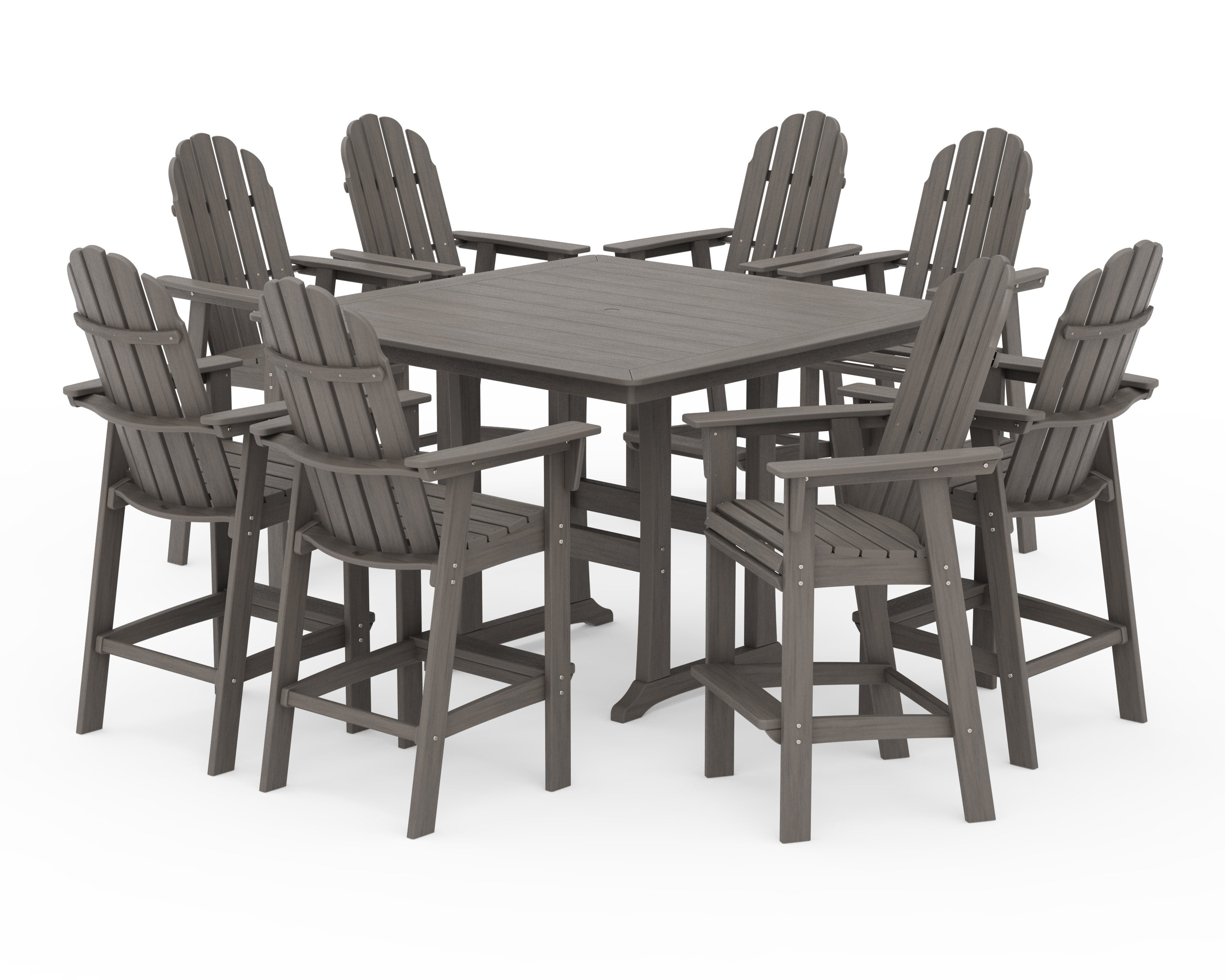 Vineyard Curveback Adirondack 9-Piece Trestle Bar Set in Driftwood