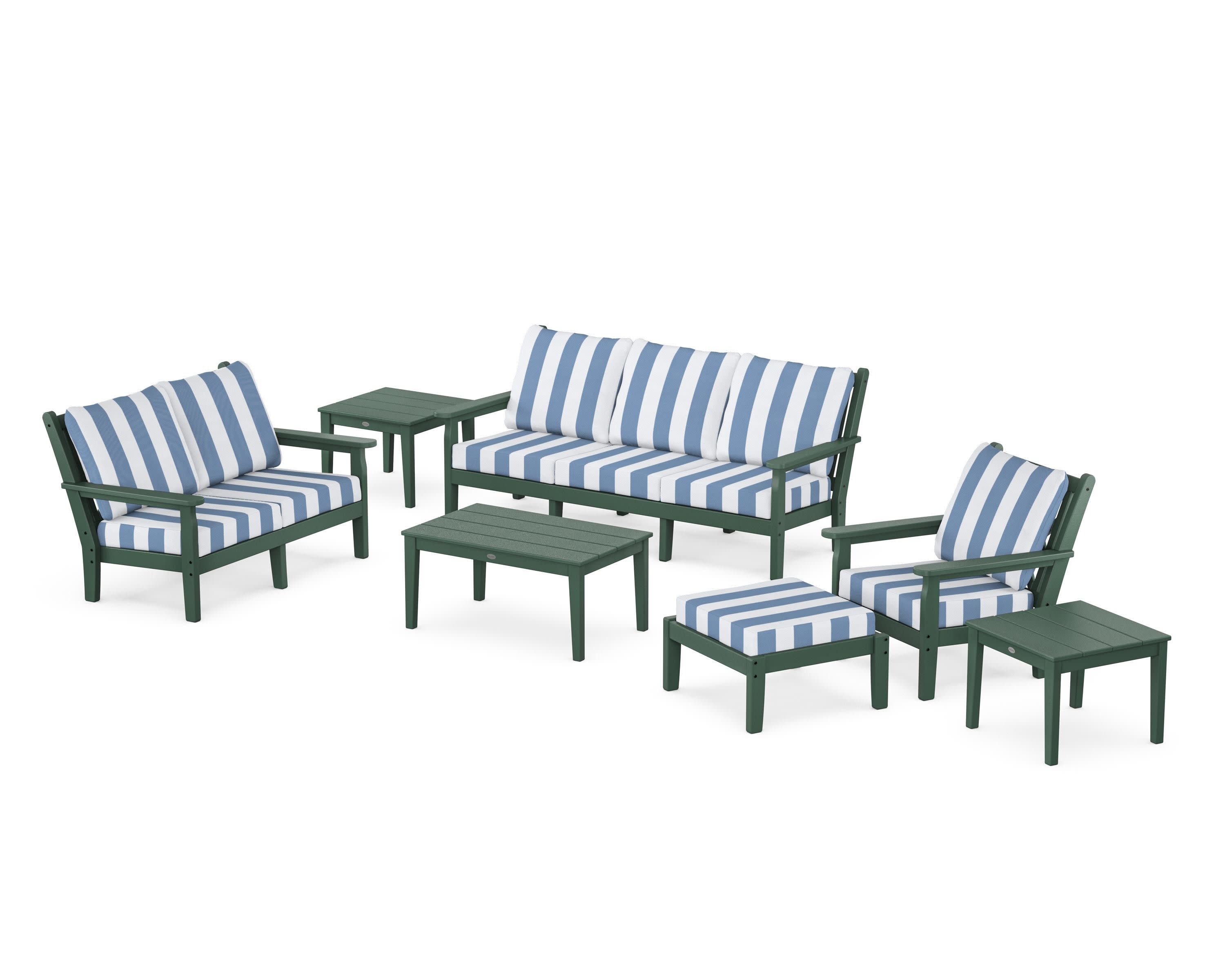 Chippendale 7-Piece Deep Seating Set in Green / Cabana Stripe Sky Blue