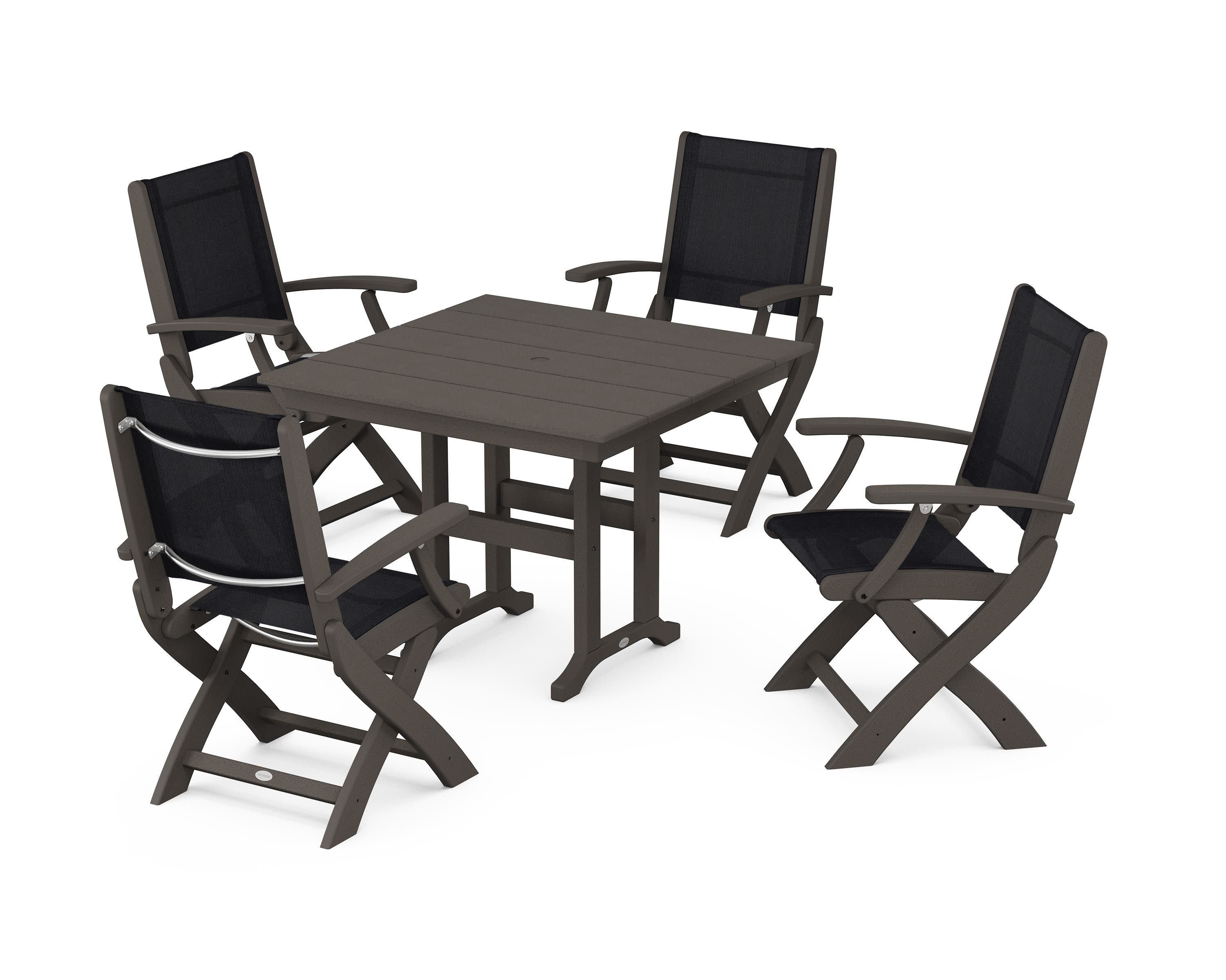 Coastal Folding Chair 5-Piece Farmhouse Dining Set in Vintage Coffee / Black Sling