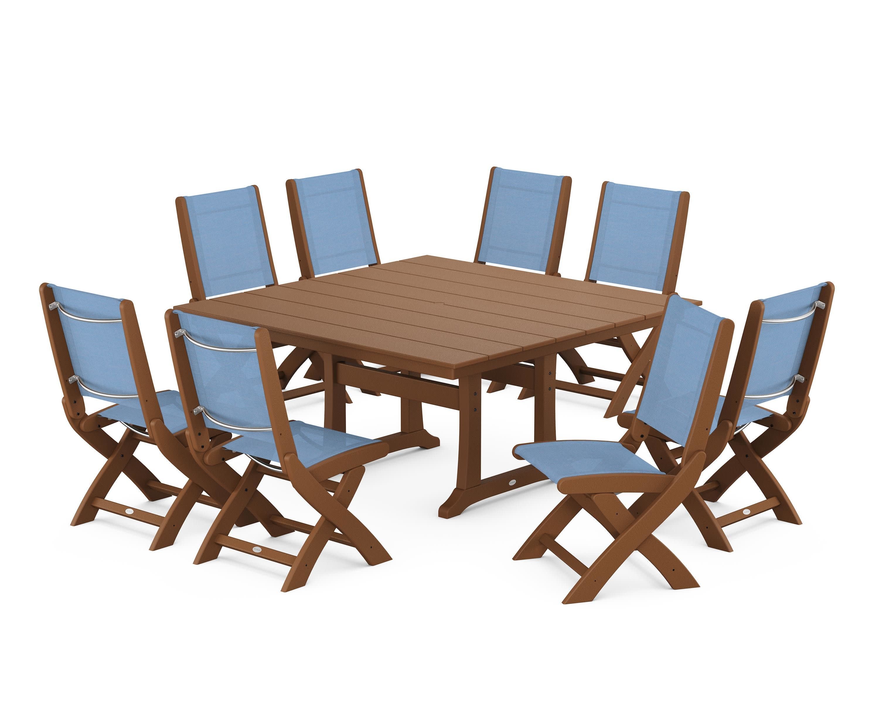 Coastal Folding Side Chair 9-Piece Farmhouse Dining Set in Teak / Poolside Sling