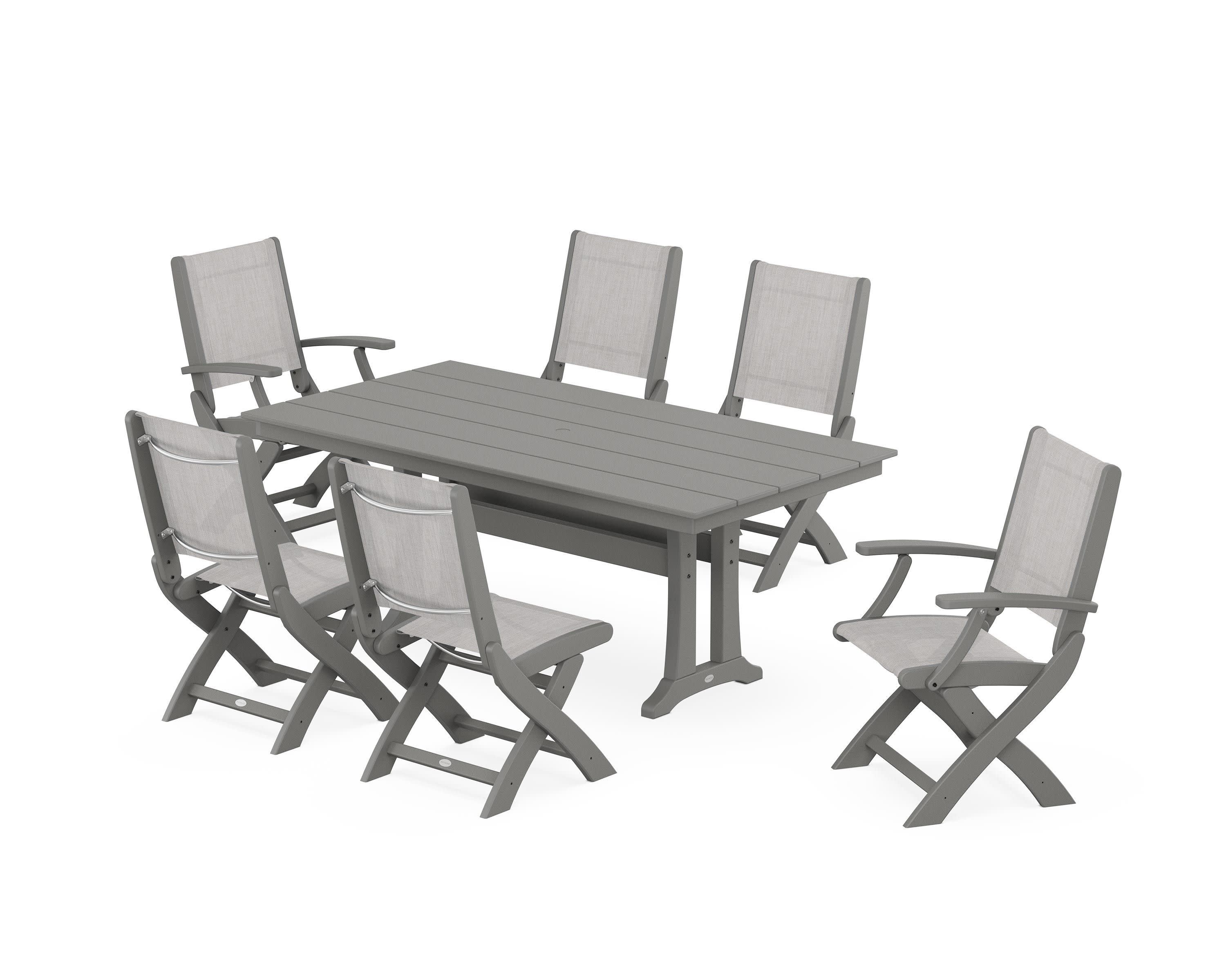 Coastal Folding Chair 7-Piece Farmhouse Dining Set with Trestle Legs in Slate Grey / Parchment Sling