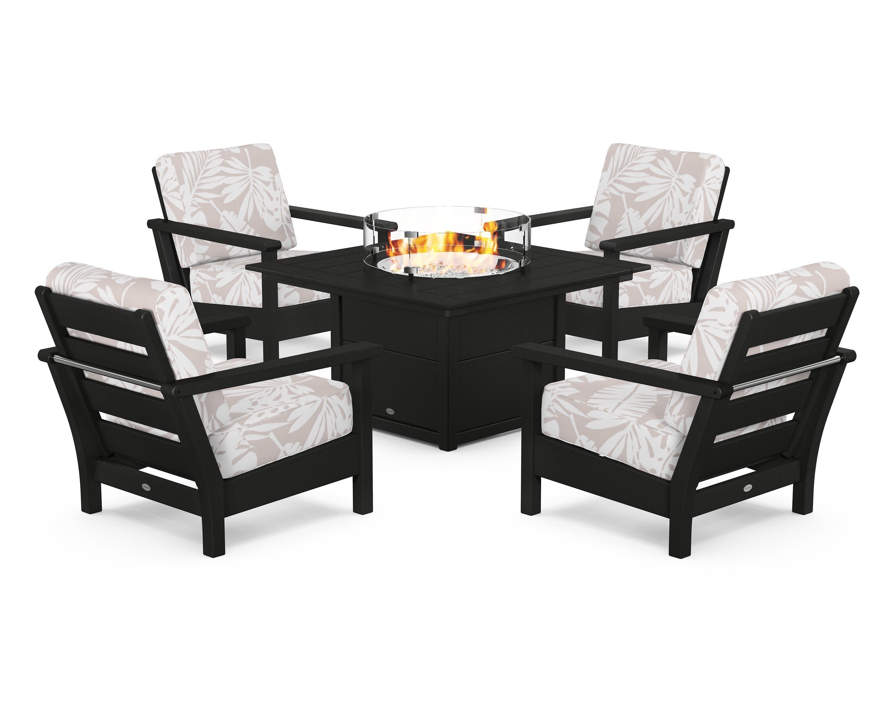 Harbour 5-Piece Conversation Set with Fire Pit Table in Black / Leaf Dune Burlap