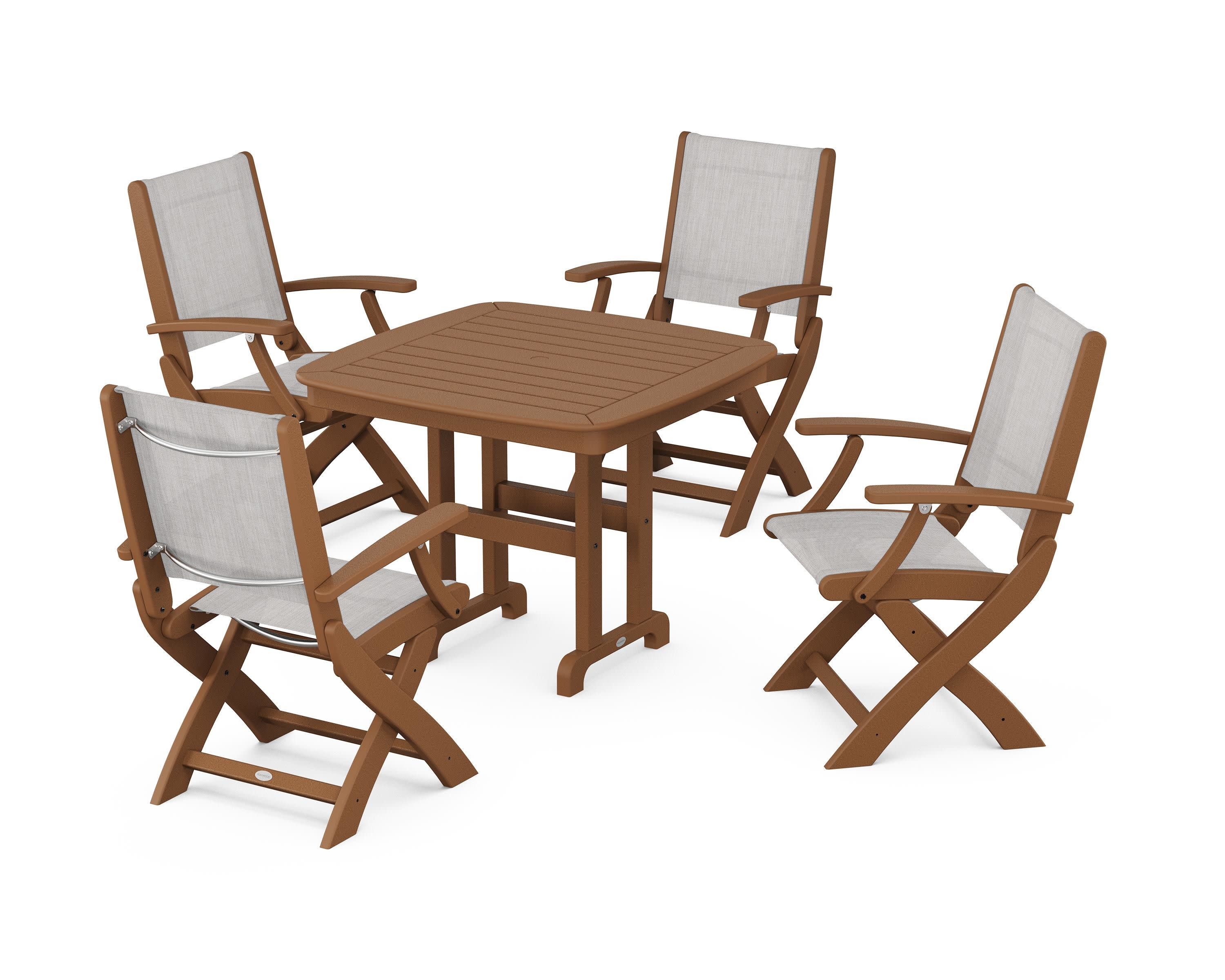 Coastal Folding Chair 5-Piece Dining Set in Teak / Parchment Sling