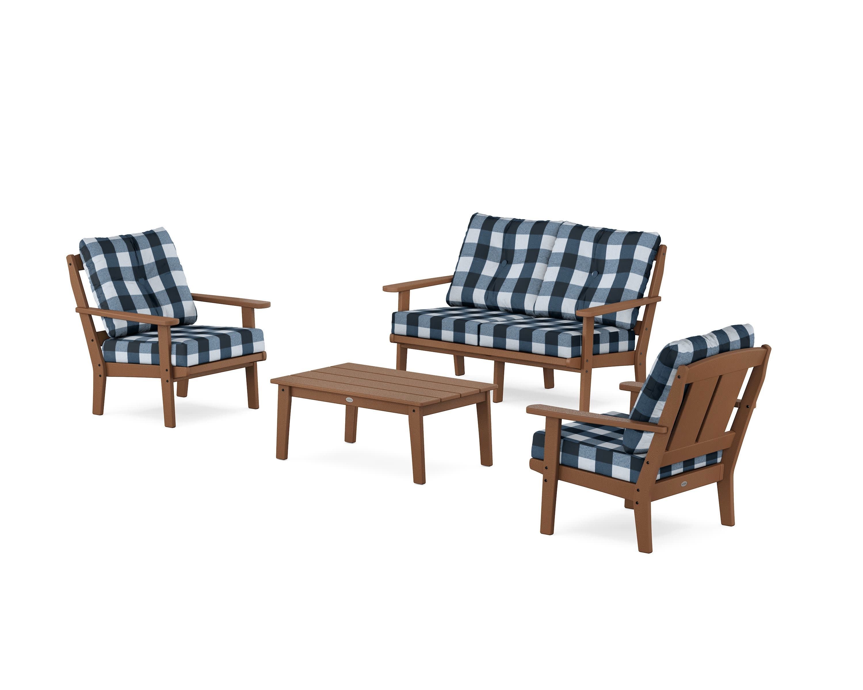 Mission 4-Piece Deep Seating Set with Loveseat in Teak / Buffalo Plaid Marine Indigo