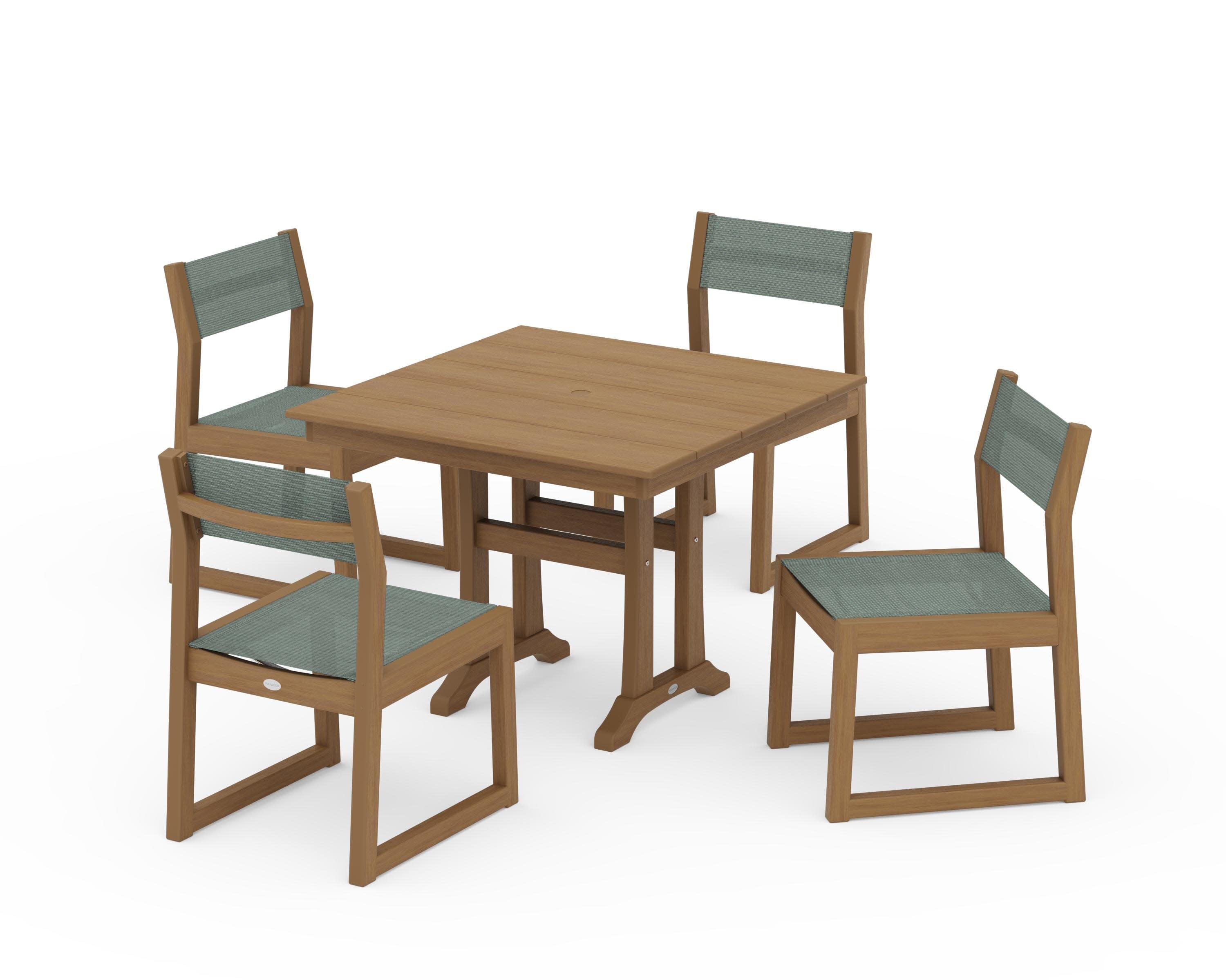 EDGE Sling 5-Piece Farmhouse Trestle Side Chair Dining Set in Natural / Dupioni Sea Mist Sling