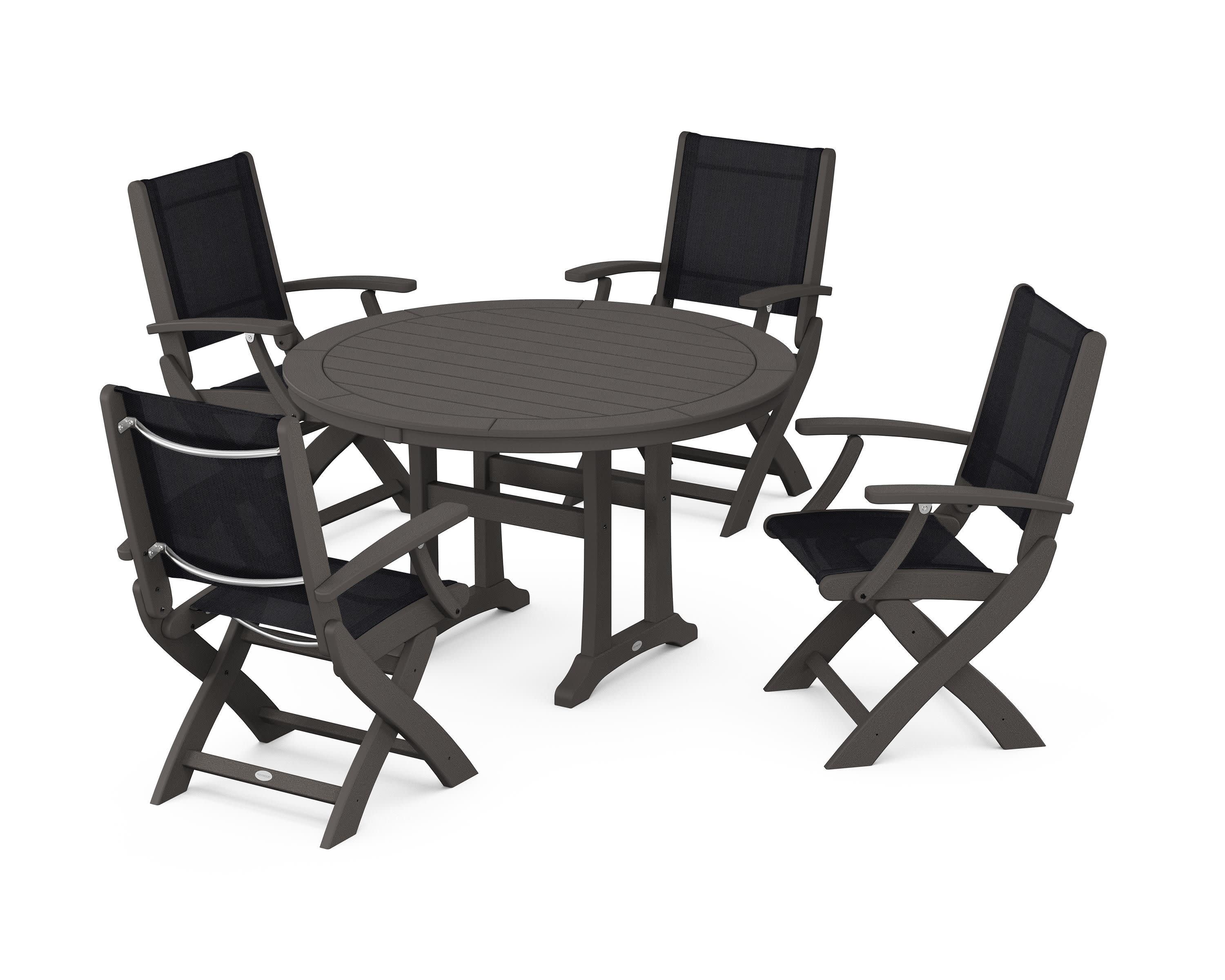 Coastal Folding Chair 5-Piece Round Dining Set with Trestle Legs in Vintage Coffee / Black Sling