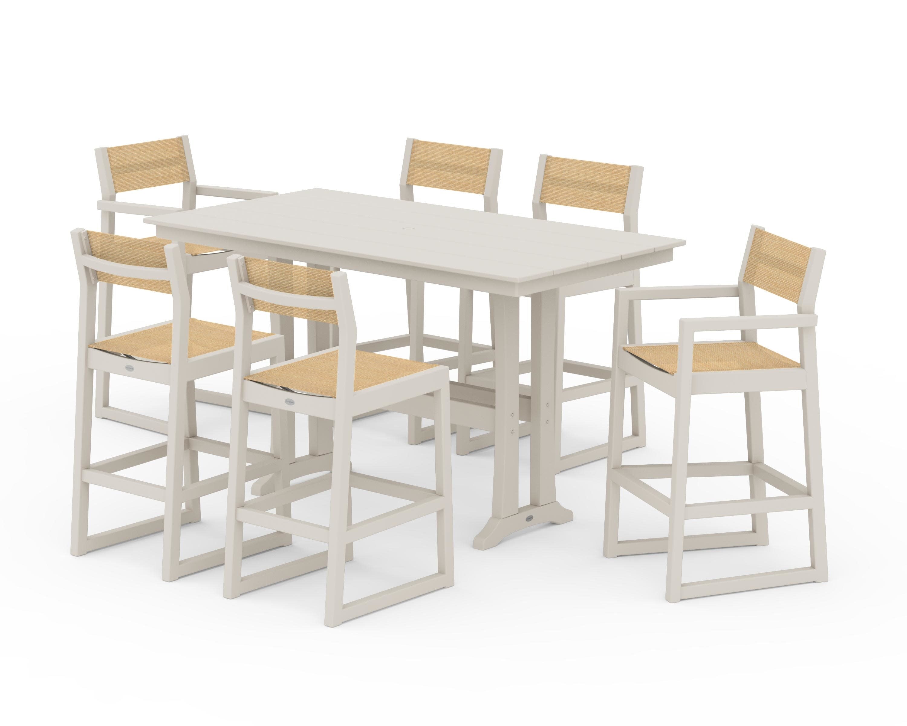 EDGE Sling 7-Piece Farmhouse Bar Set with Trestle Legs in Sand / Dupioni Apricot Sling