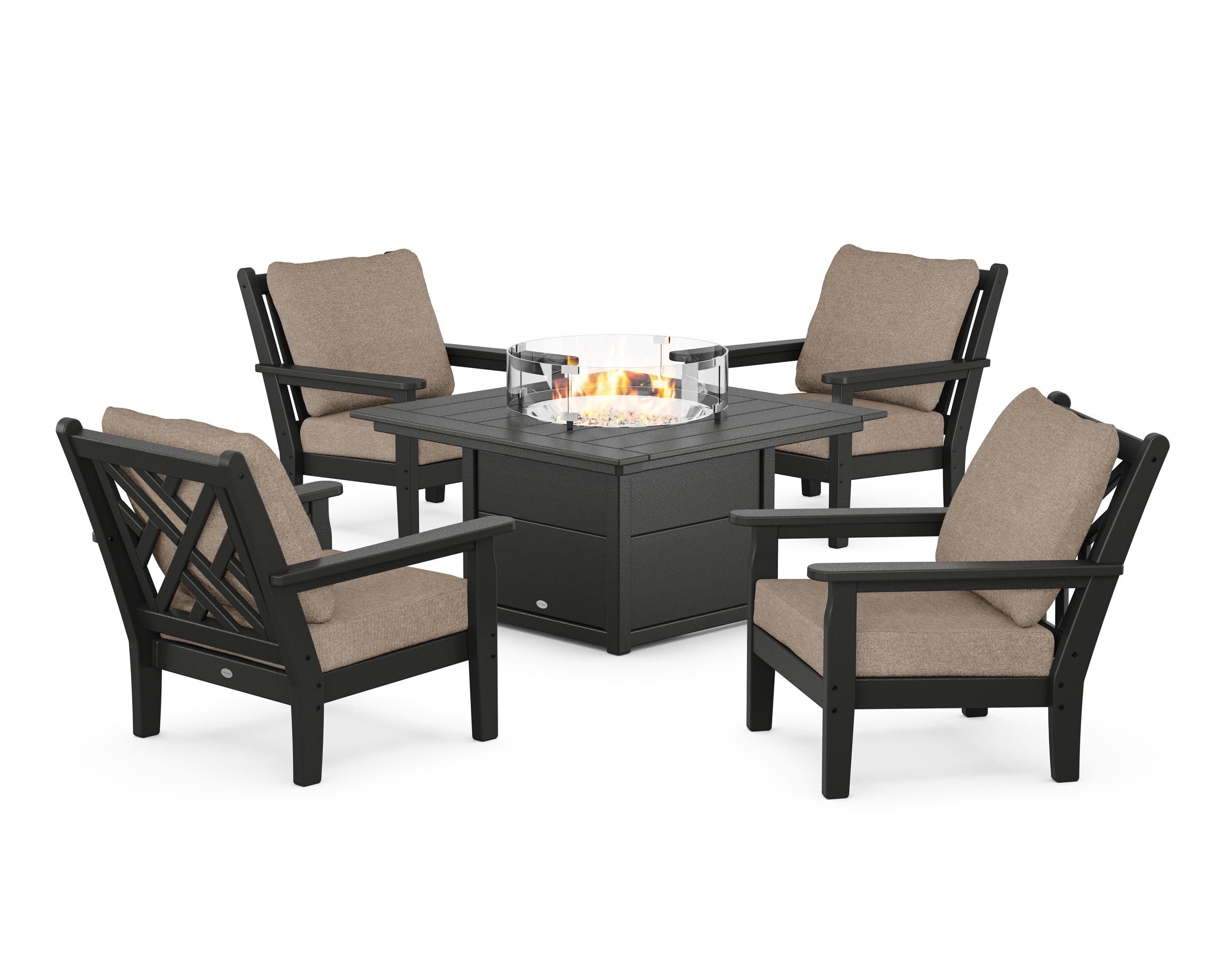 Chippendale 5-Piece Deep Seating Set with Fire Pit Table in Black / Spiced Burlap