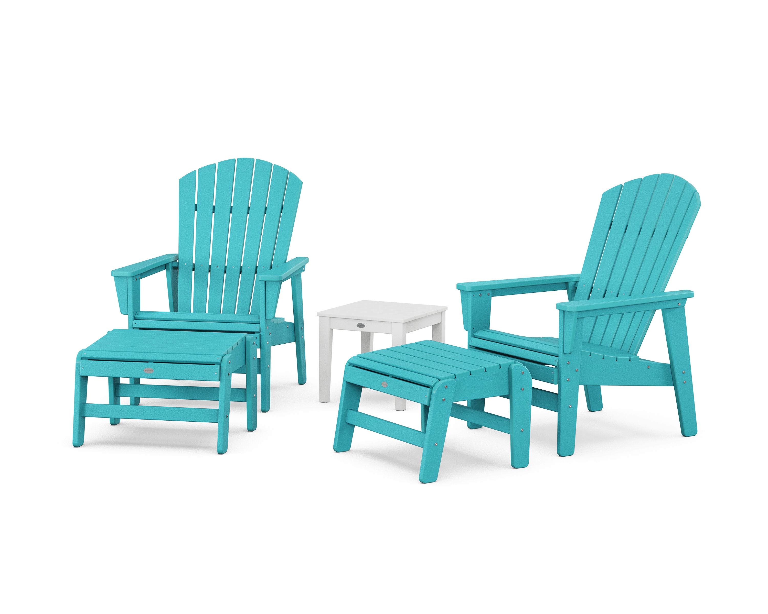 5-Piece Nautical Grand Upright Adirondack Set with Ottomans and Side Table in Aruba / White
