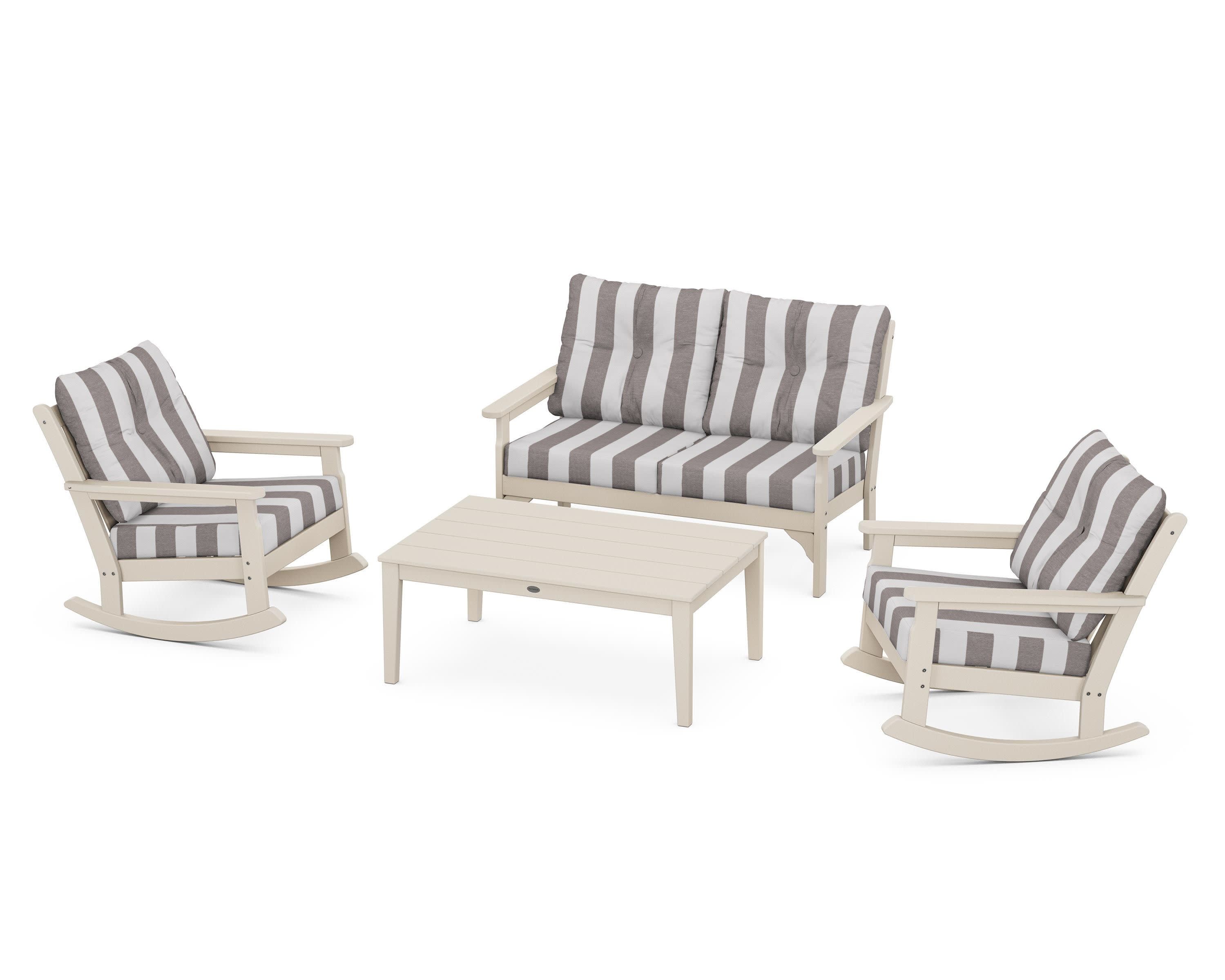 Vineyard 4-Piece Deep Seating Rocking Chair Set in Sand / Cabana Stripe Grey Mist