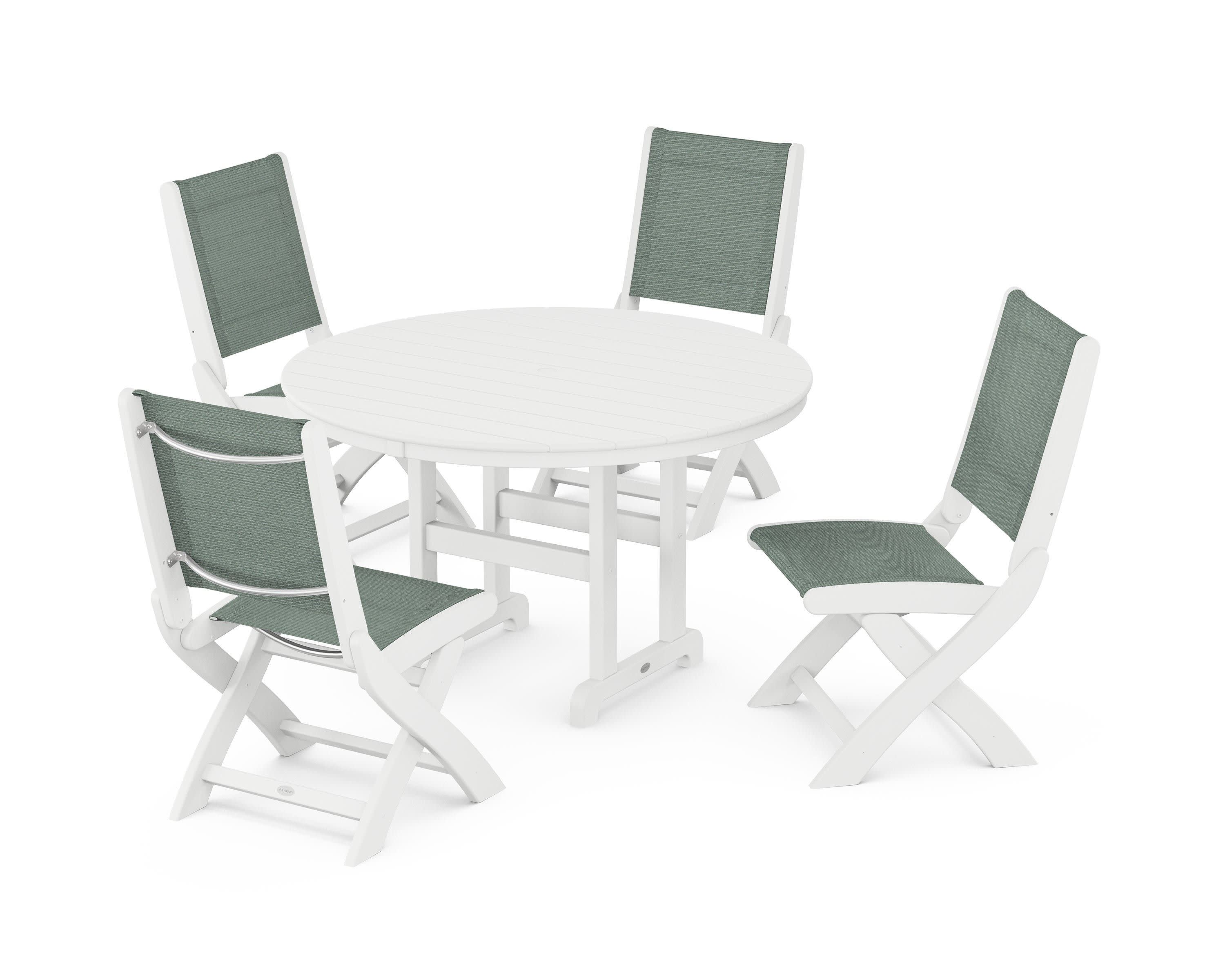 Coastal Folding Side Chair 5-Piece Round Dining Set in White / Dupioni Sea Mist Sling