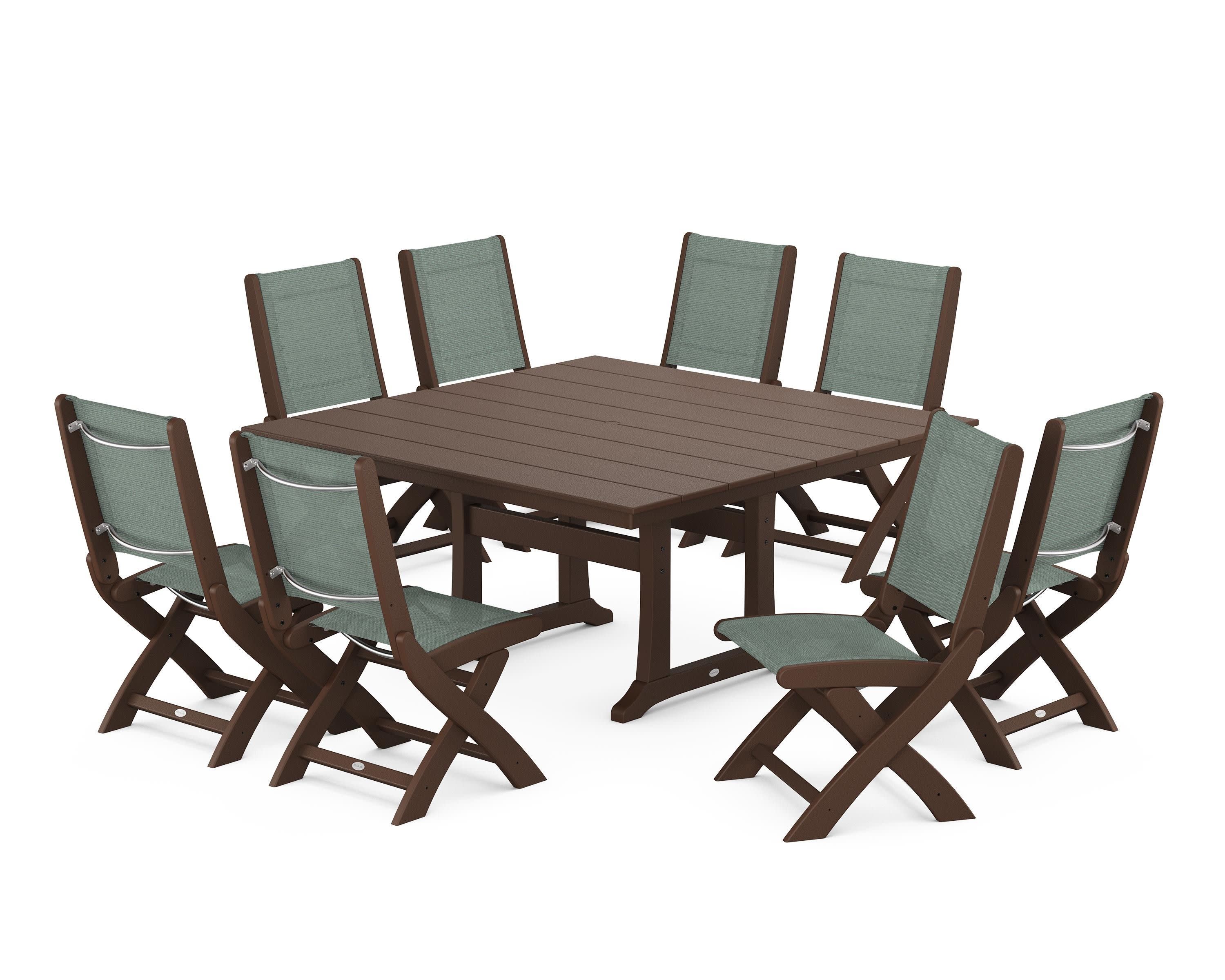 Coastal Folding Side Chair 9-Piece Farmhouse Dining Set in Mahogany / Dupioni Sea Mist Sling