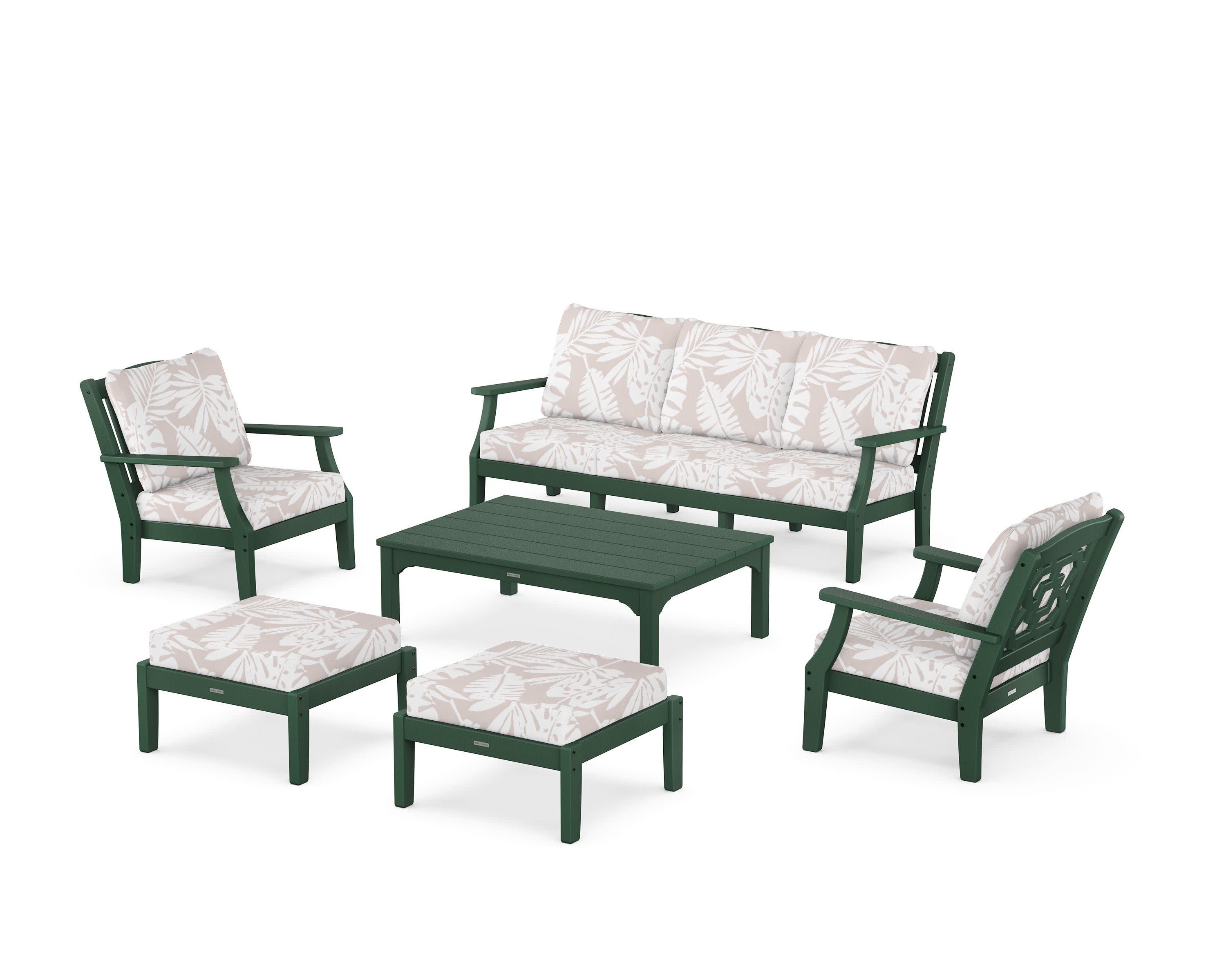 Chinoiserie 6-Piece Lounge Sofa Set in Green / Leaf Dune Burlap