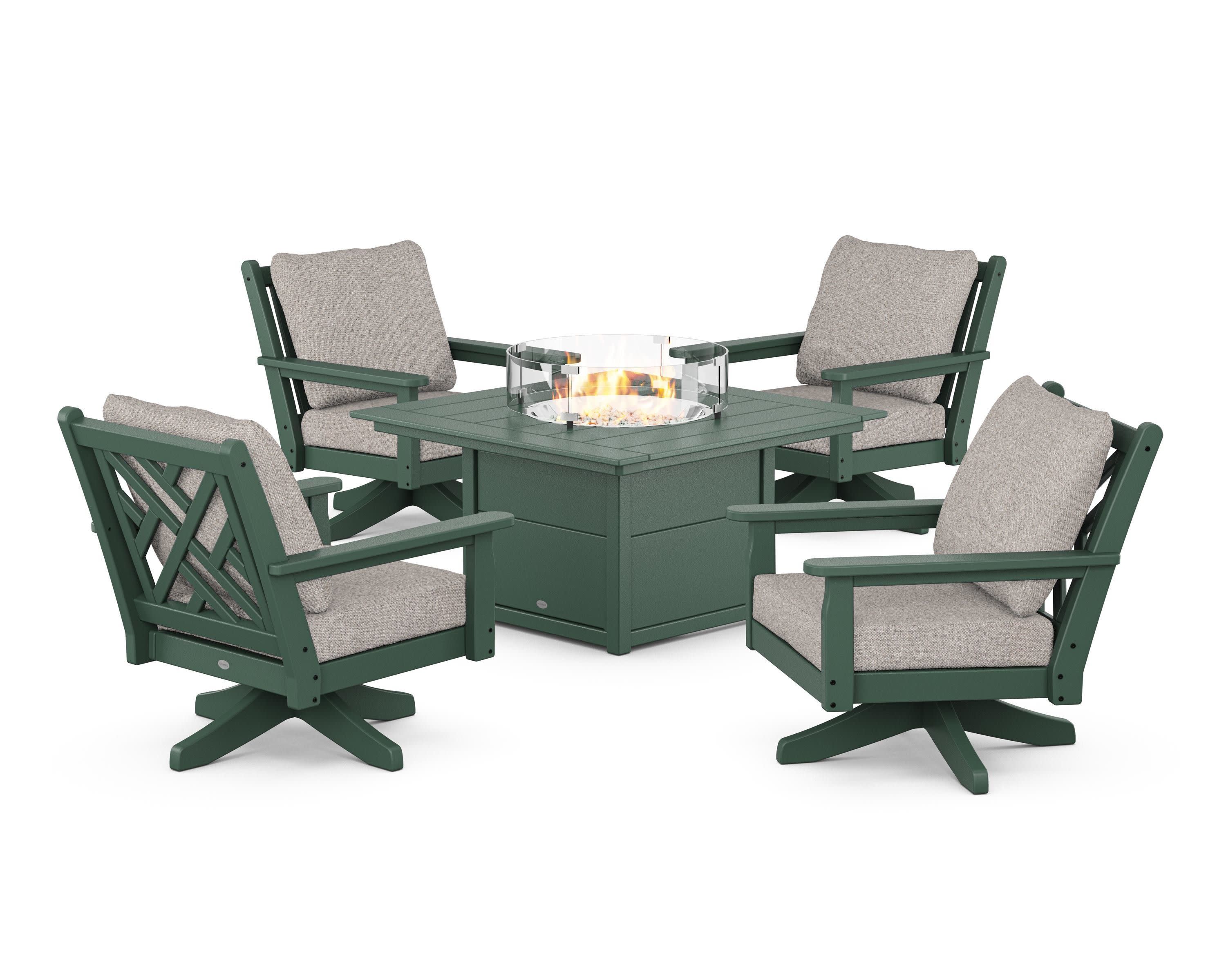 Chippendale 5-Piece Deep Seating Swivel Conversation Set with Fire Pit Table in Green / Weathered Tweed
