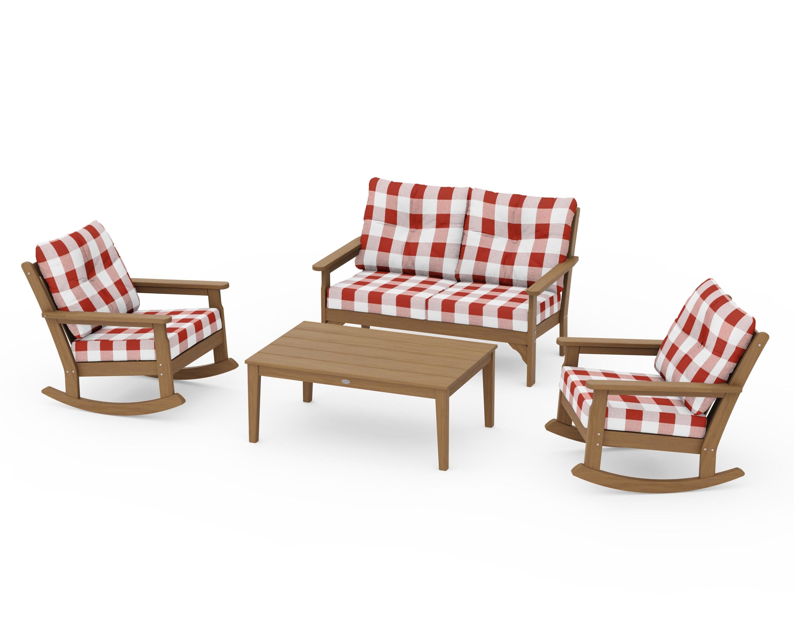 Vineyard 4-Piece Deep Seating Rocking Chair Set in Natural / Buffalo Plaid Crimson