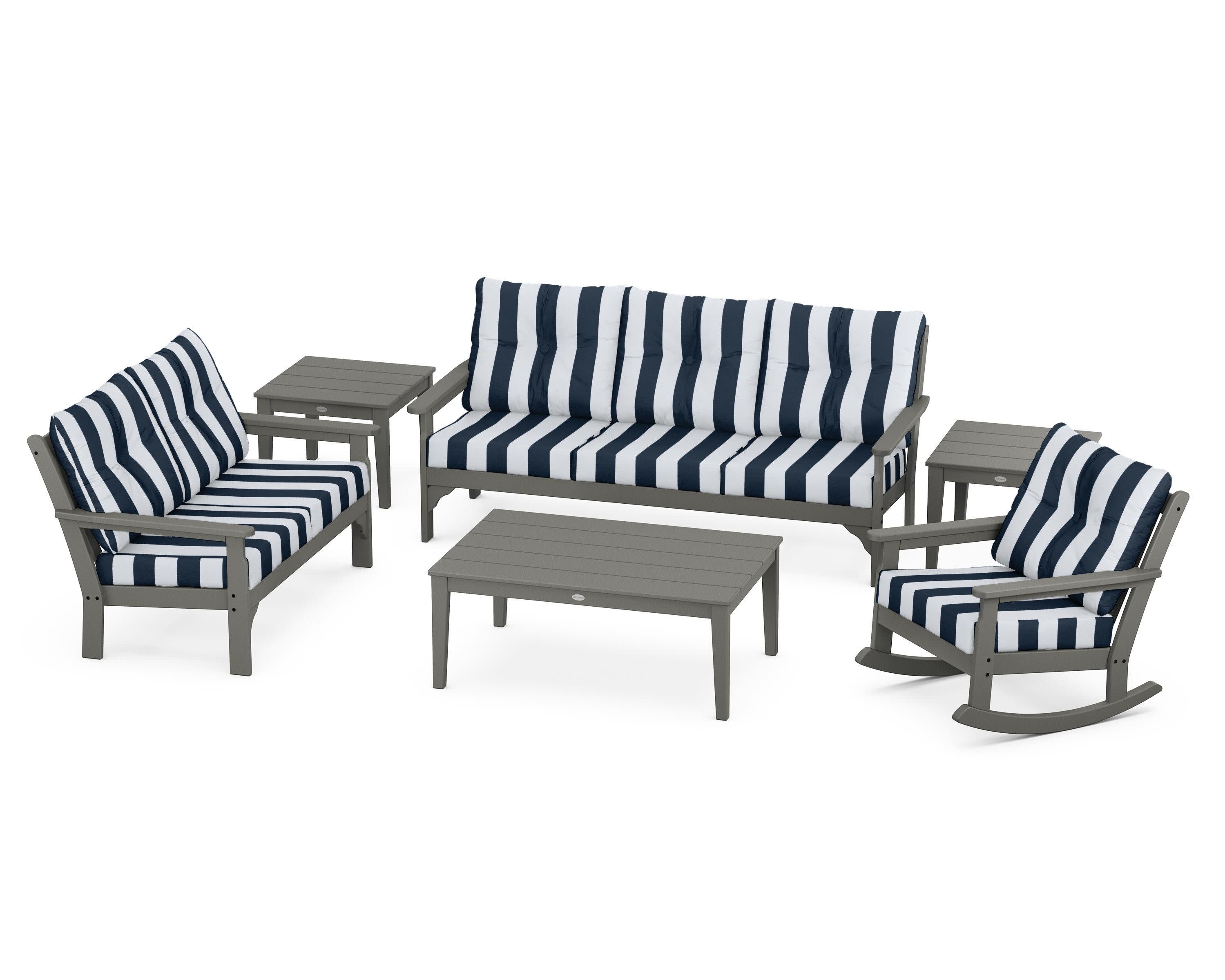 Vineyard 6-Piece Deep Seating Set in Slate Grey / Cabana Stripe Marine Indigo