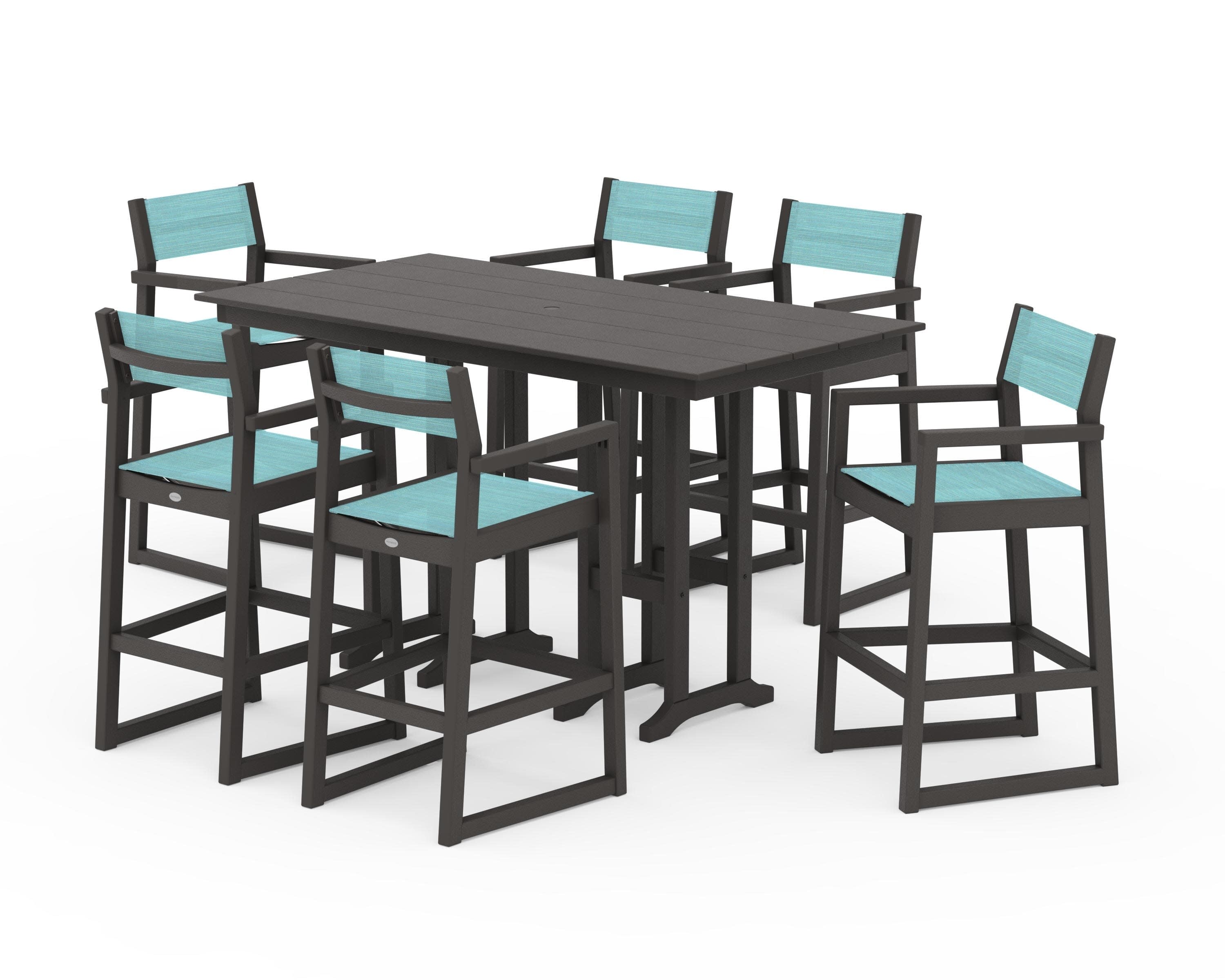 EDGE Sling Arm Chair 7-Piece Farmhouse Bar Set in Vintage Coffee / Dupioni Aquamarine Sling