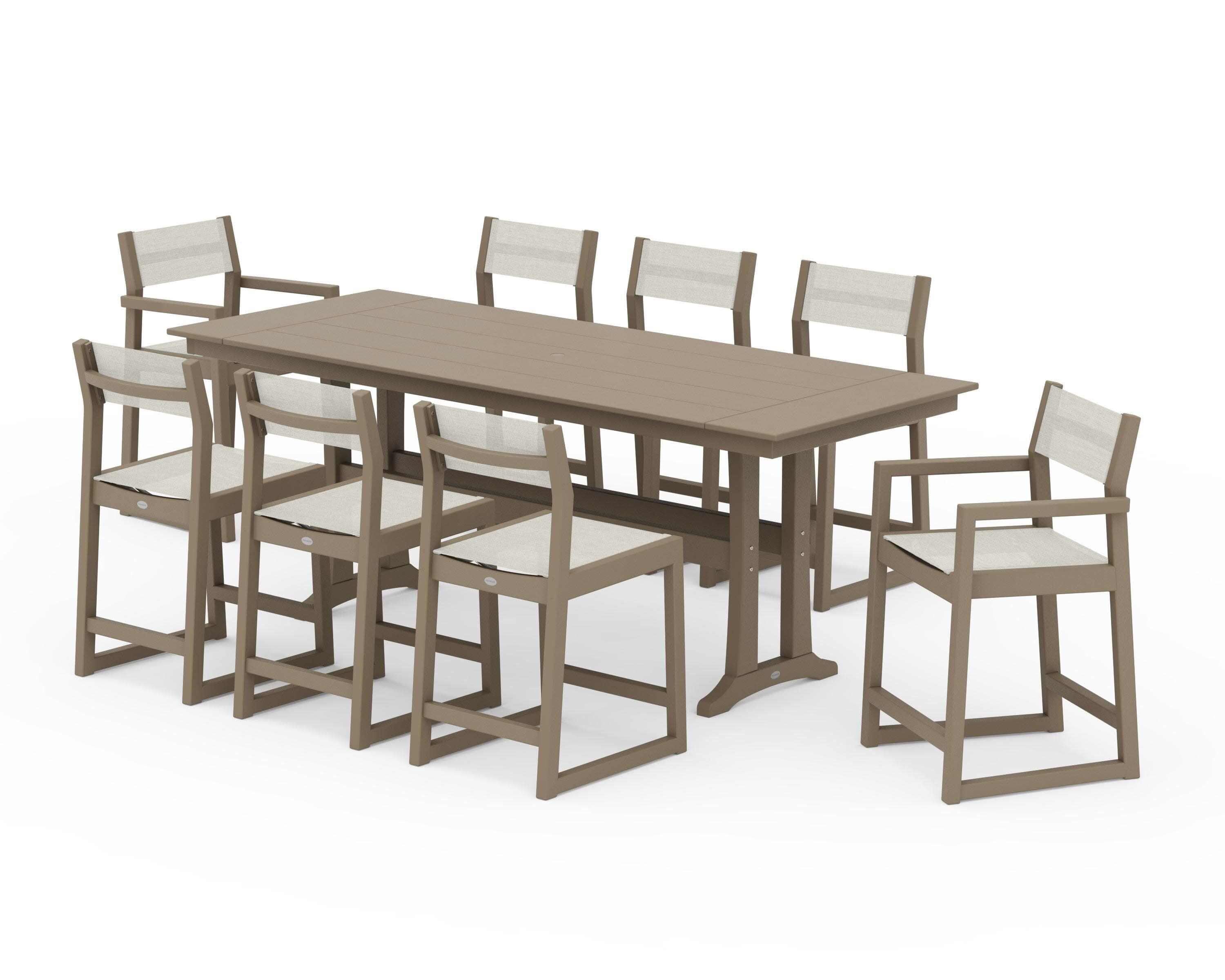 EDGE Sling 9-Piece Farmhouse Counter Set with Trestle Legs in Vintage Sahara / Parchment Sling