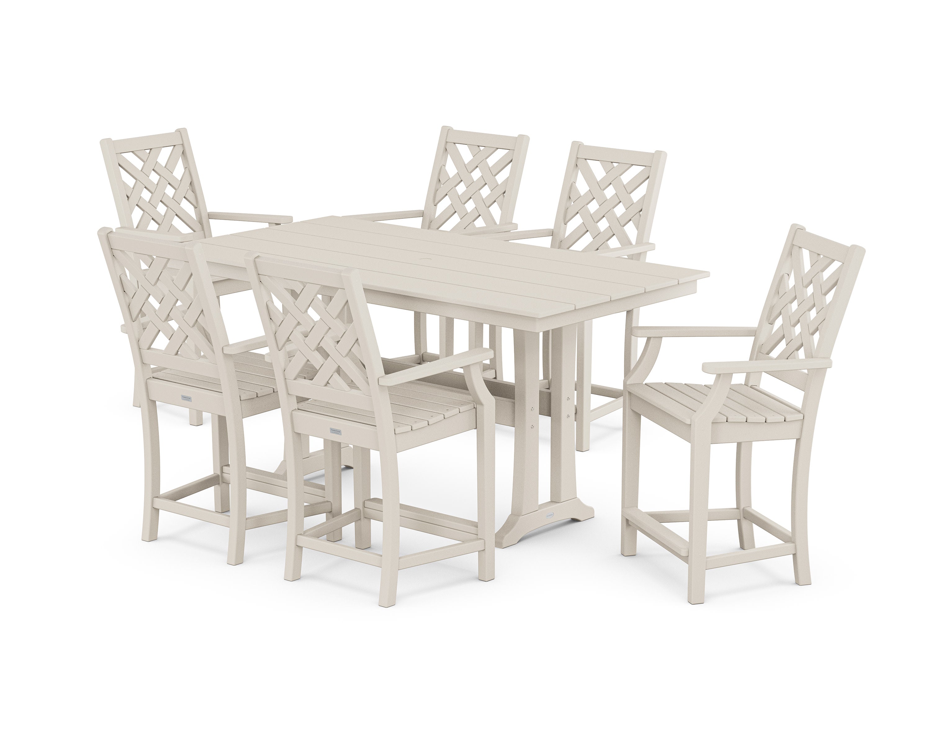 Wovendale Arm Chair 7-Piece Farmhouse Counter Set with Trestle Legs in Sand