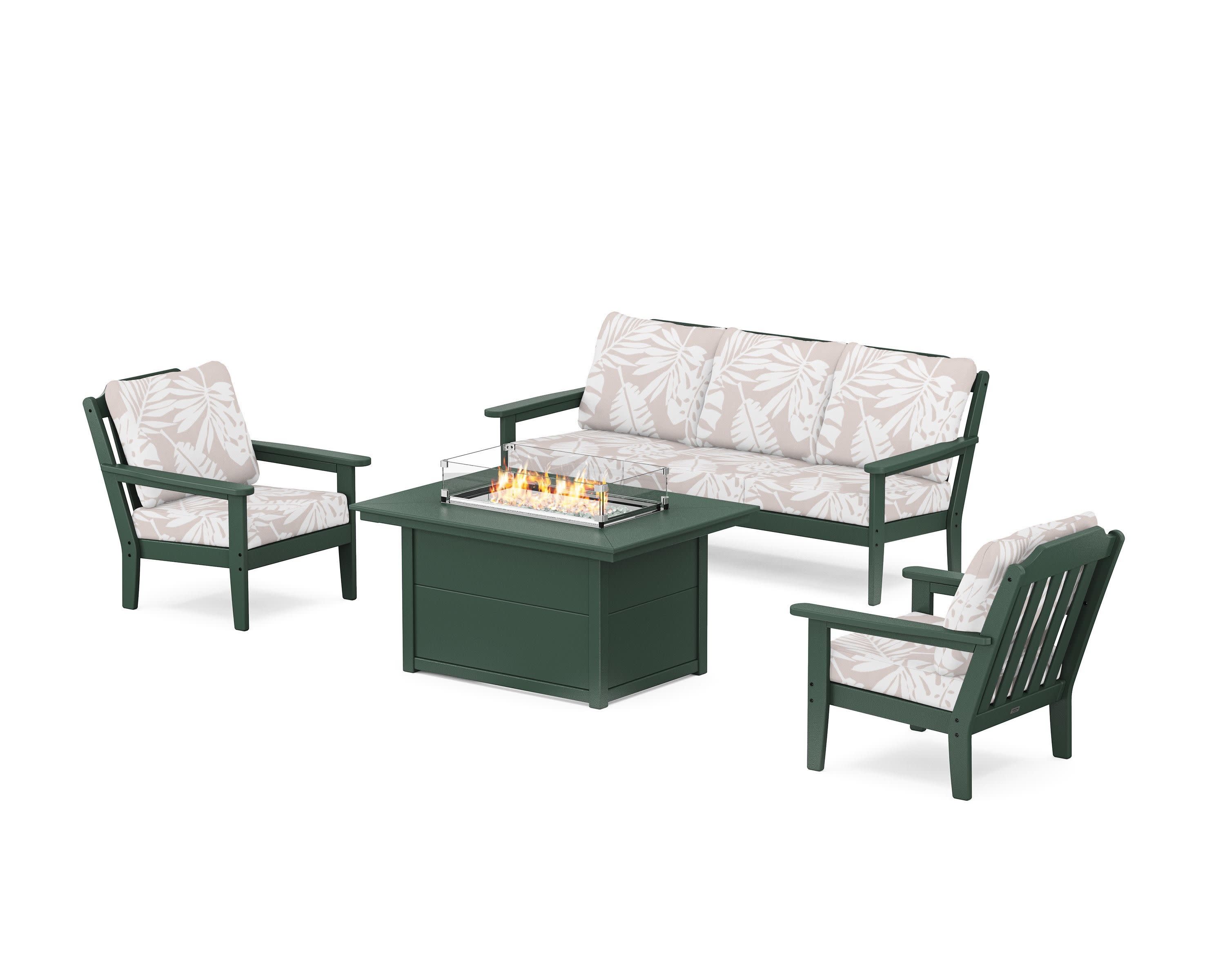 Cottage Deep Seating Fire Pit Table Set in Green / Leaf Dune Burlap