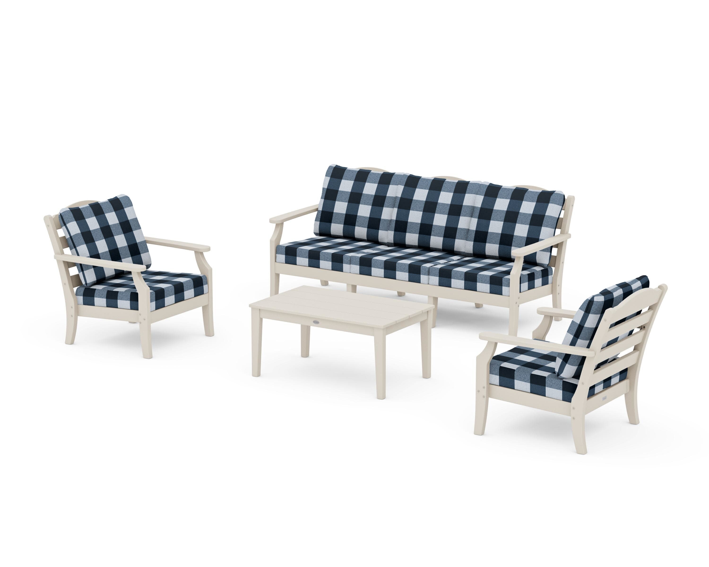 Savannah 4-Piece Deep Seating Set with Sofa in Sand / Buffalo Plaid Marine Indigo