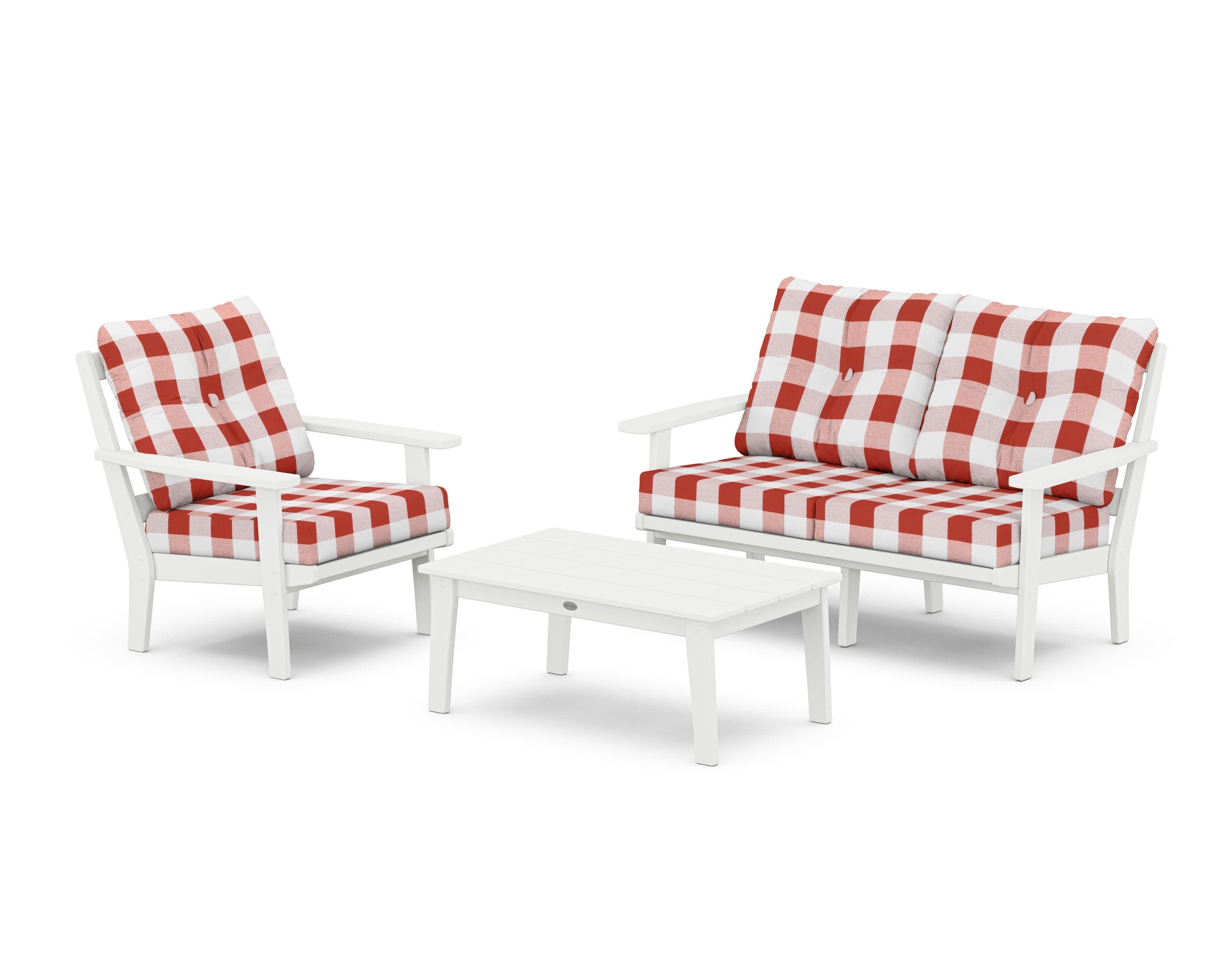 Oxford 3-Piece Deep Seating Set with Loveseat in White / Buffalo Plaid Crimson