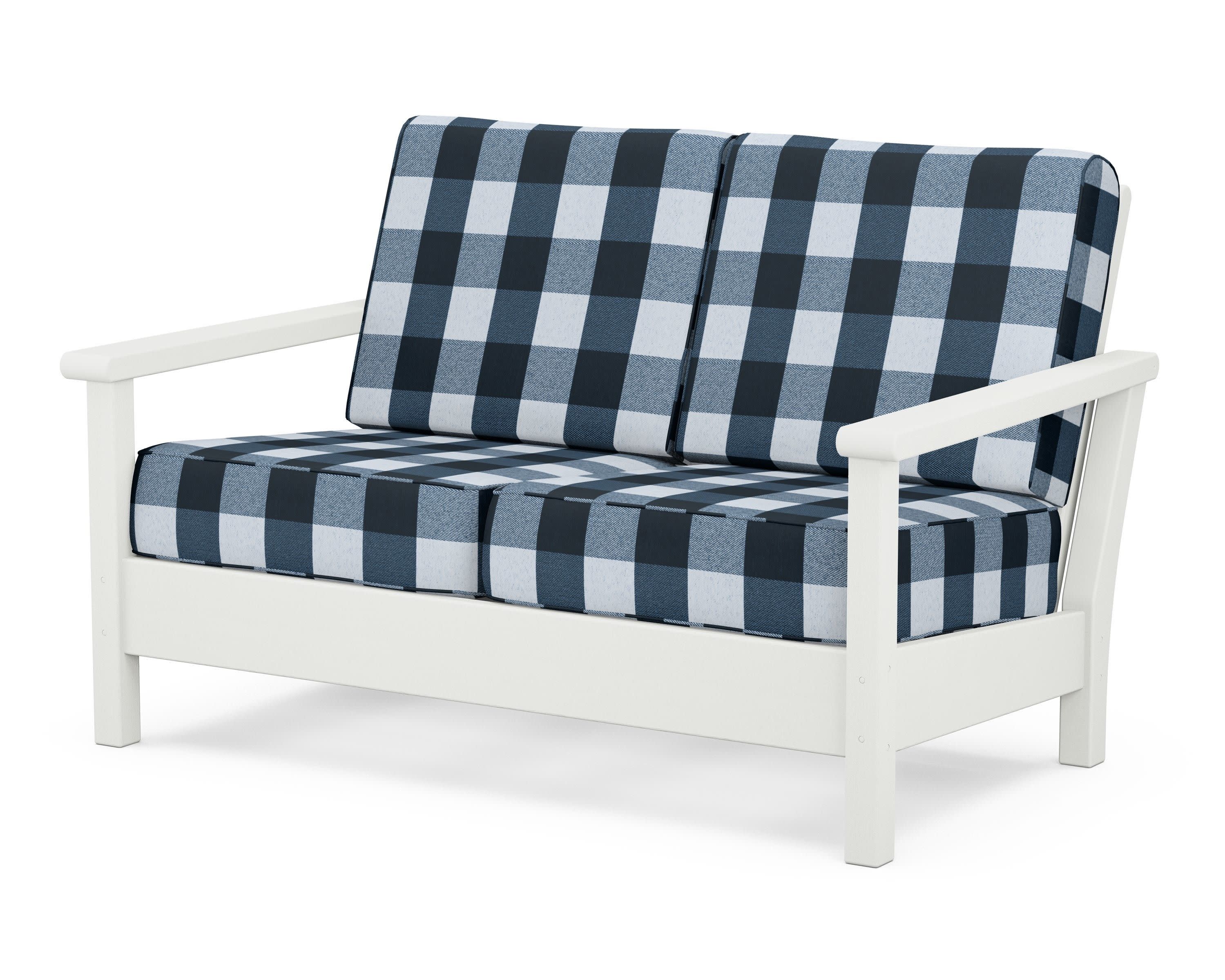 Harbour Deep Seating Loveseat in Vintage White / Buffalo Plaid Marine Indigo
