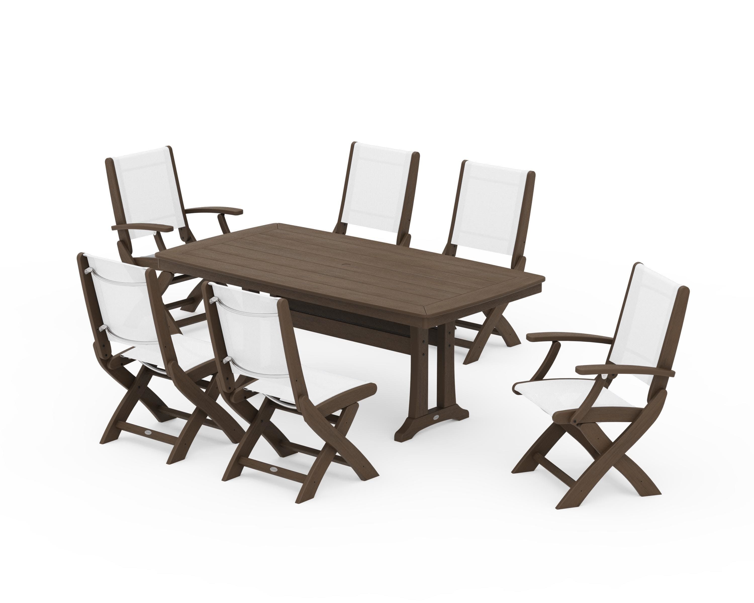 Coastal Folding Chair 7-Piece Dining Set with Trestle Legs in Kona / White Sling