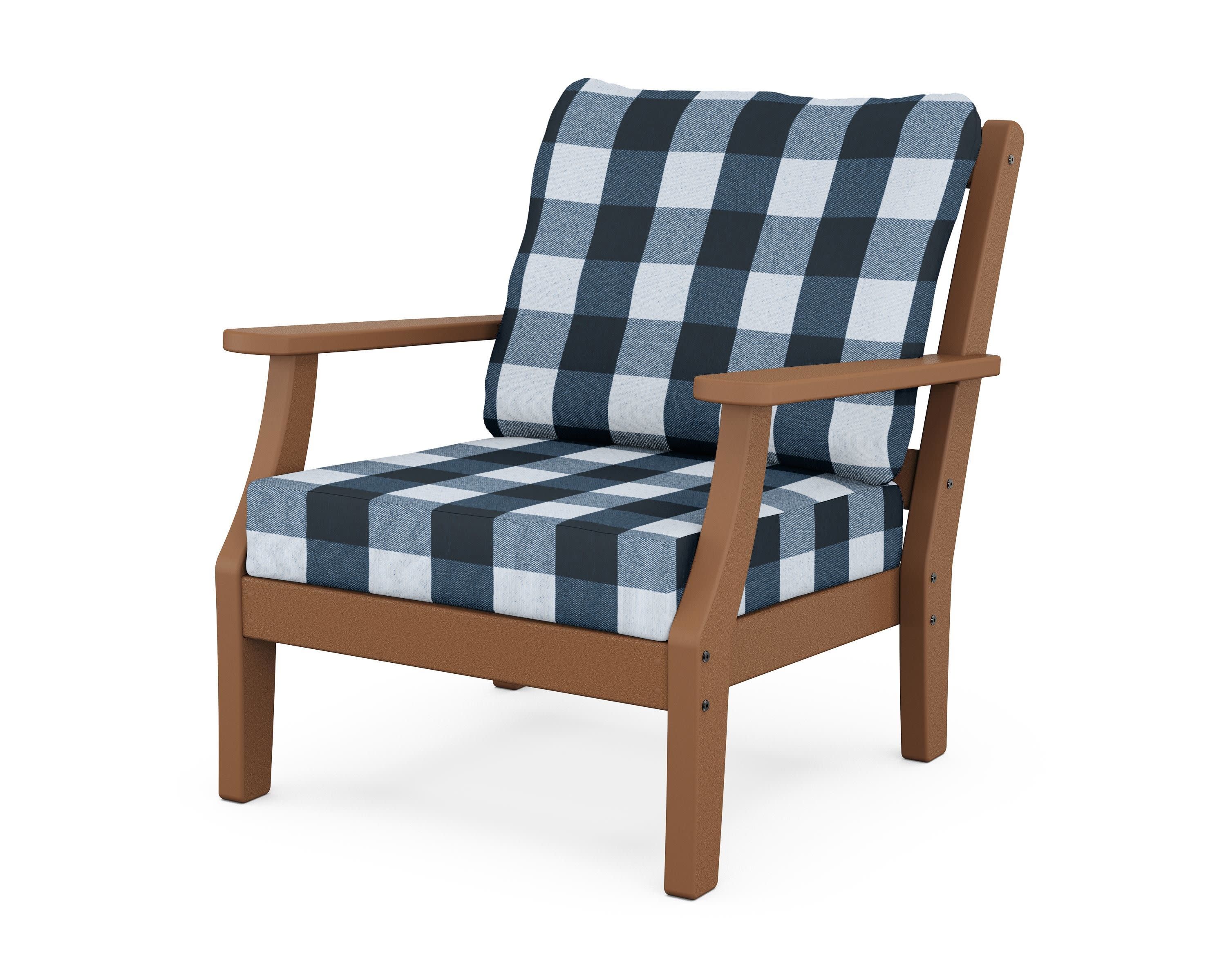 Chinoiserie Deep Seating Chair in Teak / Buffalo Plaid Marine Indigo