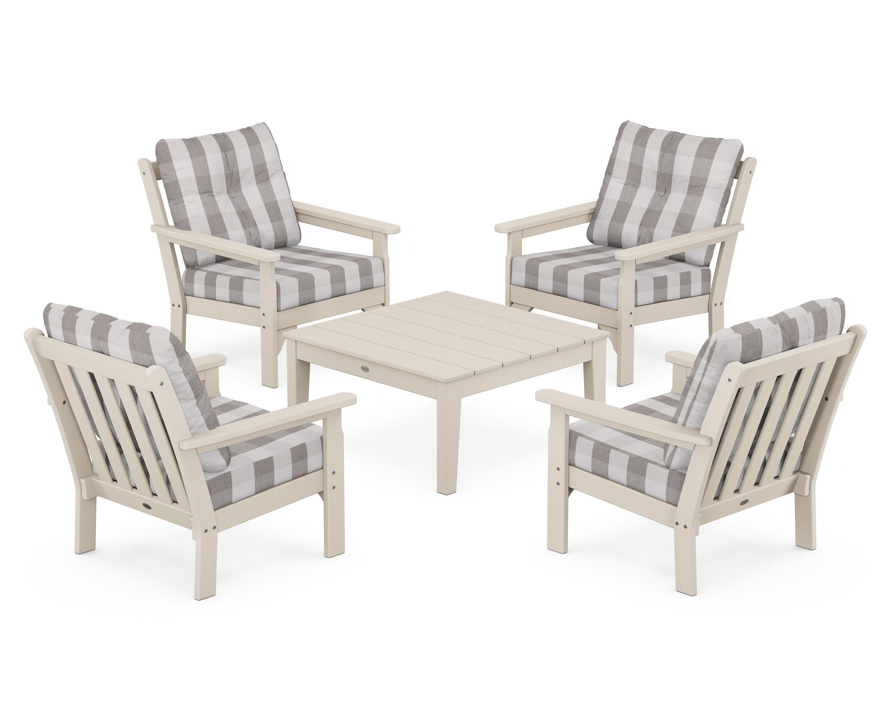 Vineyard 5-Piece Deep Seating Conversation Set in Sand / Buffalo Plaid Grey Mist