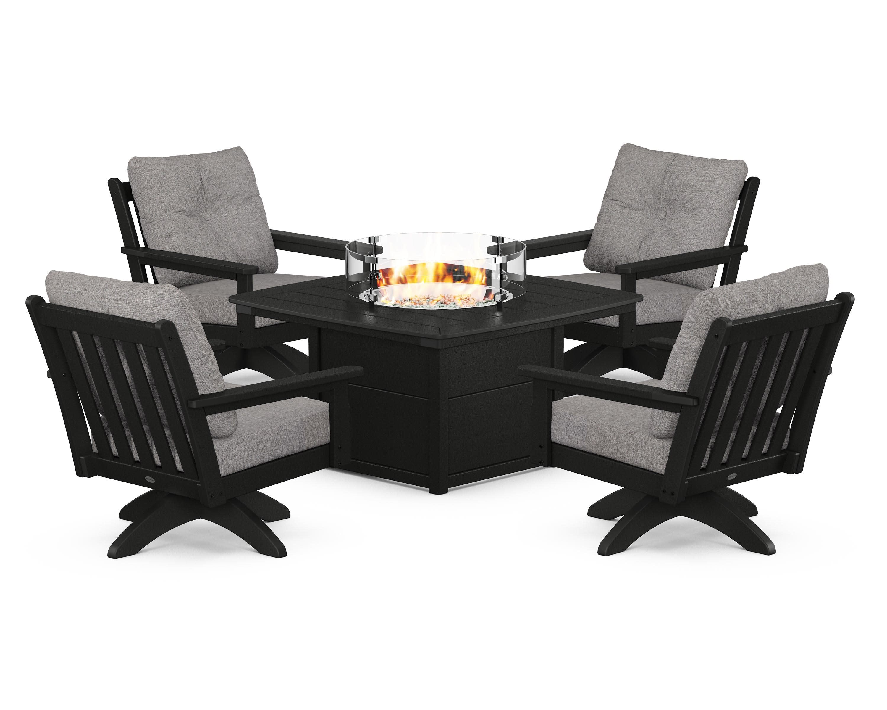 Vineyard 5-Piece Deep Seating Swivel Conversation Set with Fire Pit Table in Black / Grey Mist