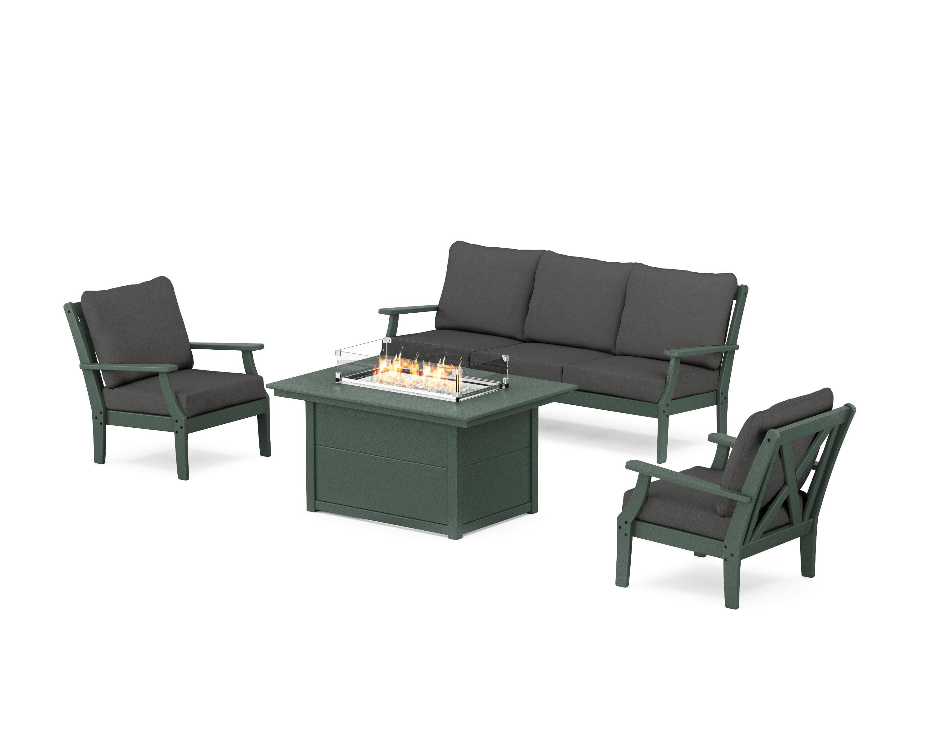 Braxton Deep Seating Fire Pit Table Set in Green / Spectrum Carbon