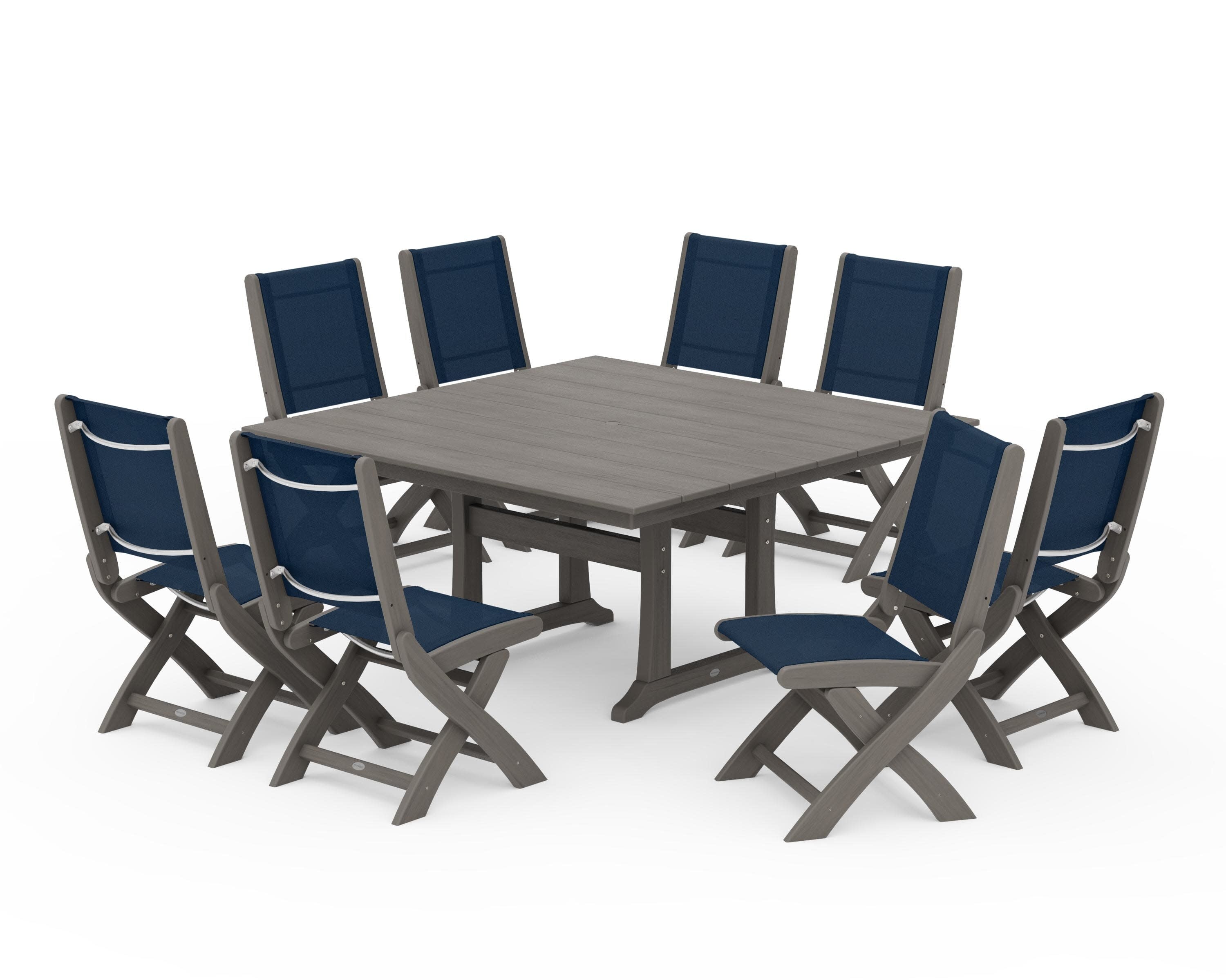 Coastal Folding Side Chair 9-Piece Farmhouse Dining Set in Driftwood / Navy Blue Sling