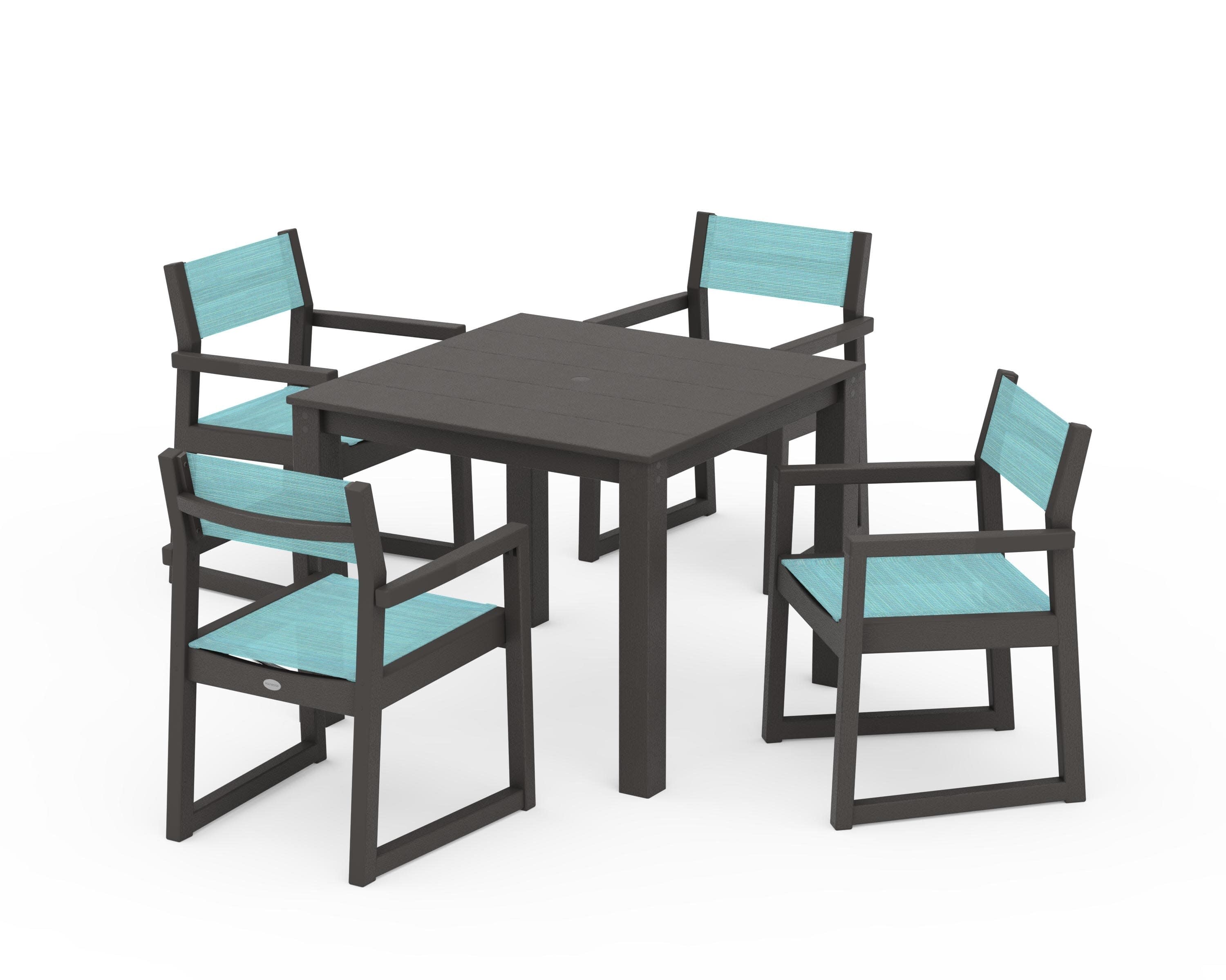 EDGE Sling Arm Chair 5-Piece Parsons Dining Set in Vintage Coffee / Dupioni Aquamarine Sling