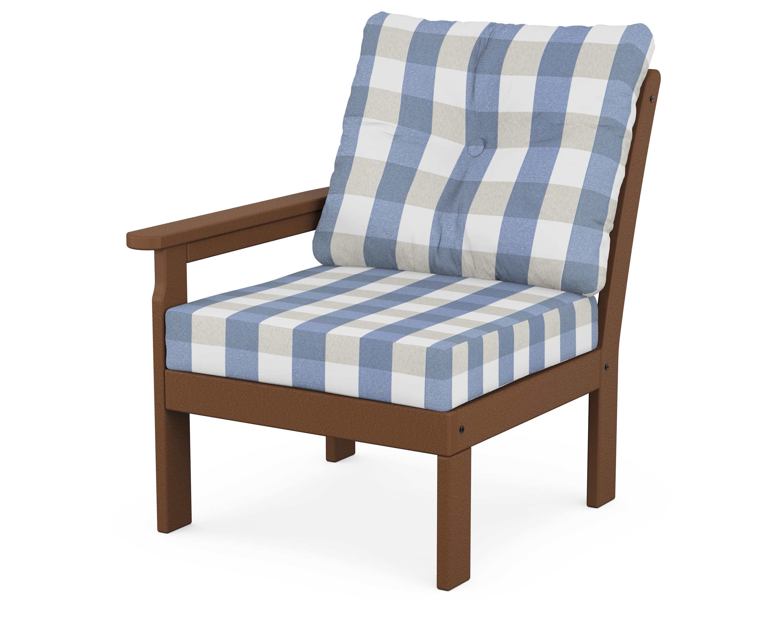 Vineyard Modular Left Arm Chair in Teak / Buffalo Plaid Sky Blue
