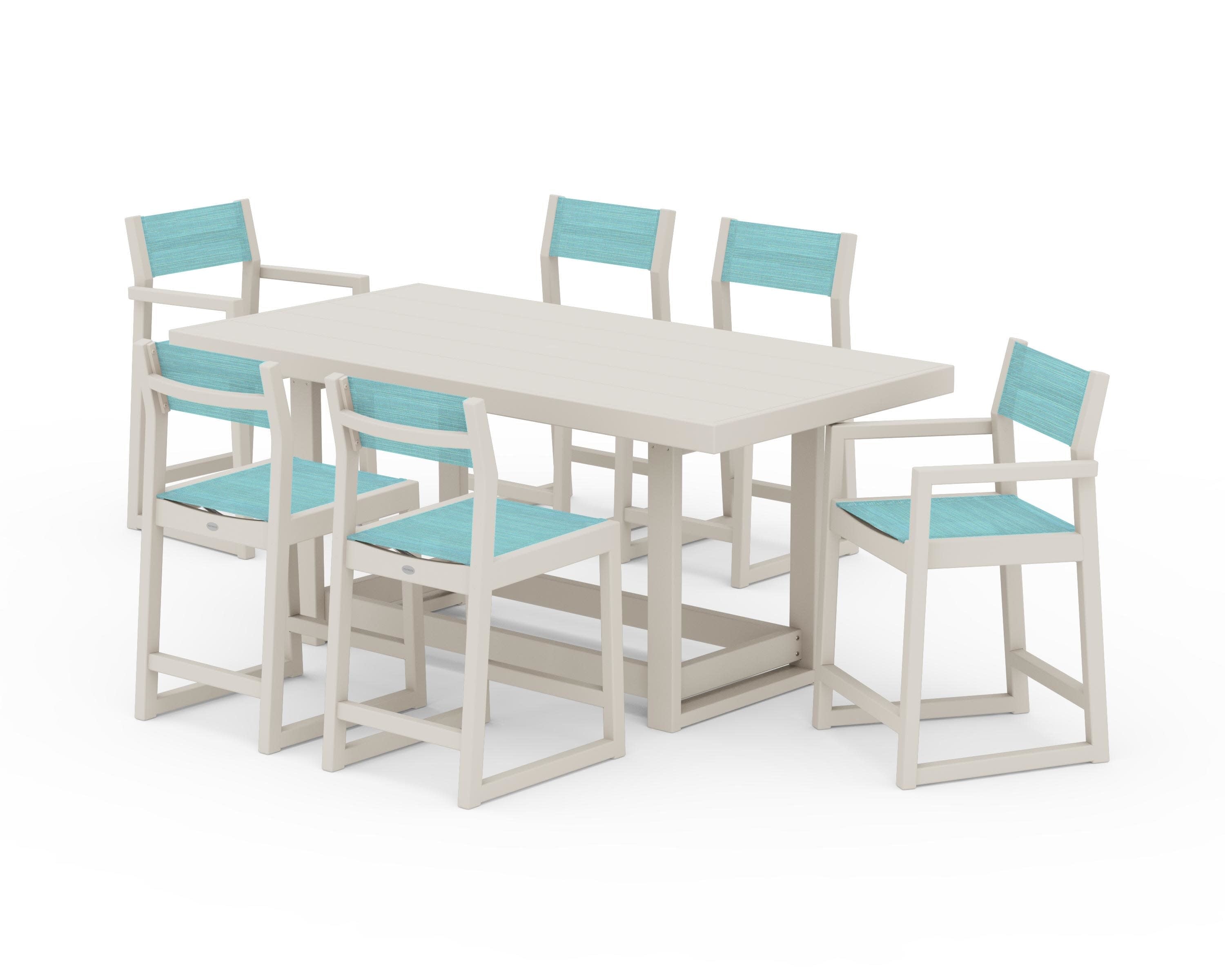 EDGE Sling 7-Piece Counter Table Set in Sand / Dupioni Aquamarine Sling
