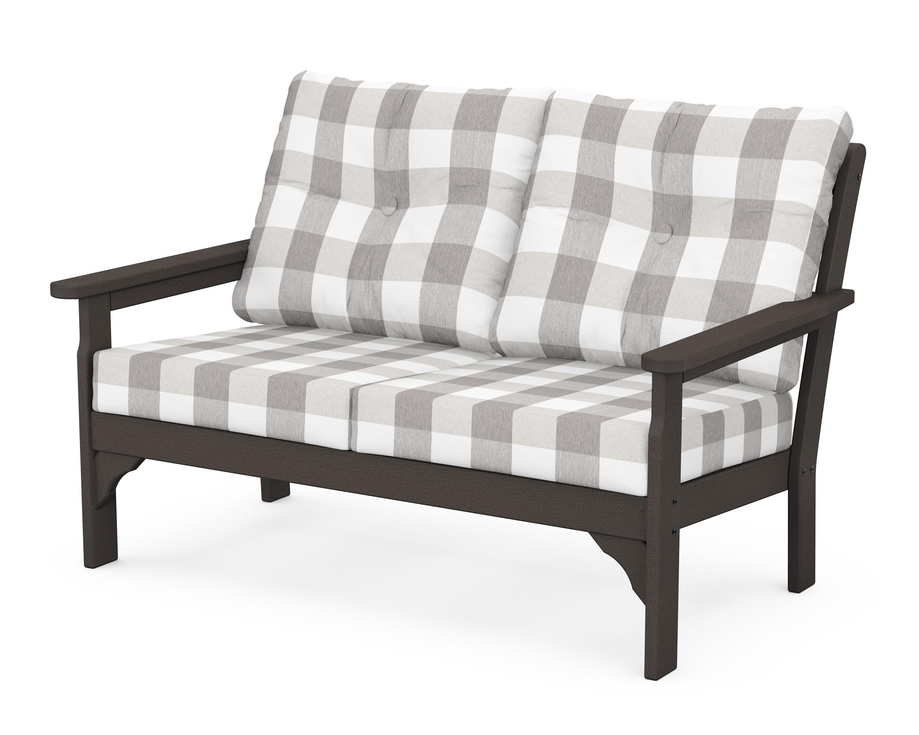 Vineyard Deep Seating Loveseat in Vintage Coffee / Buffalo Plaid Grey Mist