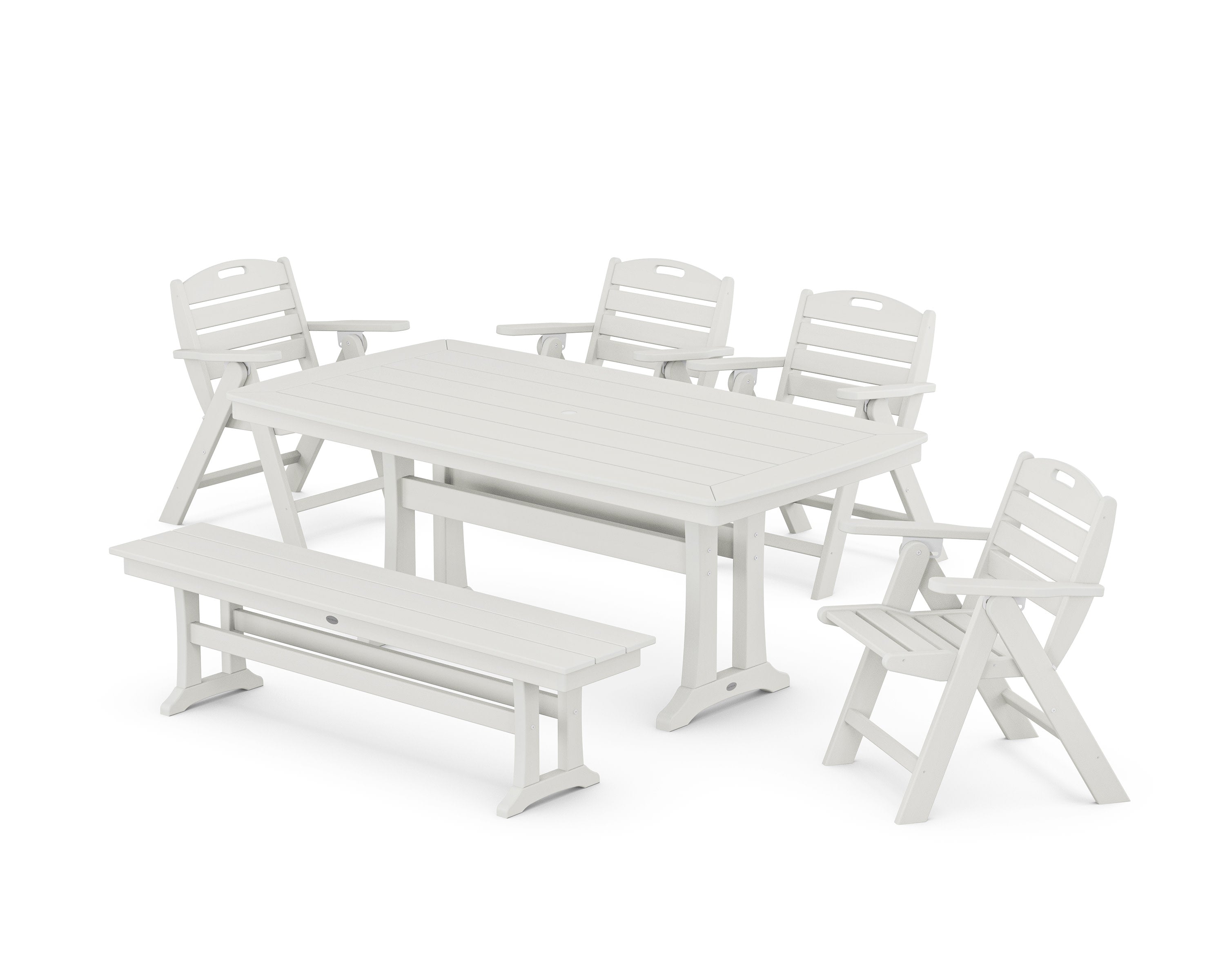 Nautical Lowback 6-Piece Dining Set with Trestle Legs and Bench in Vintage White