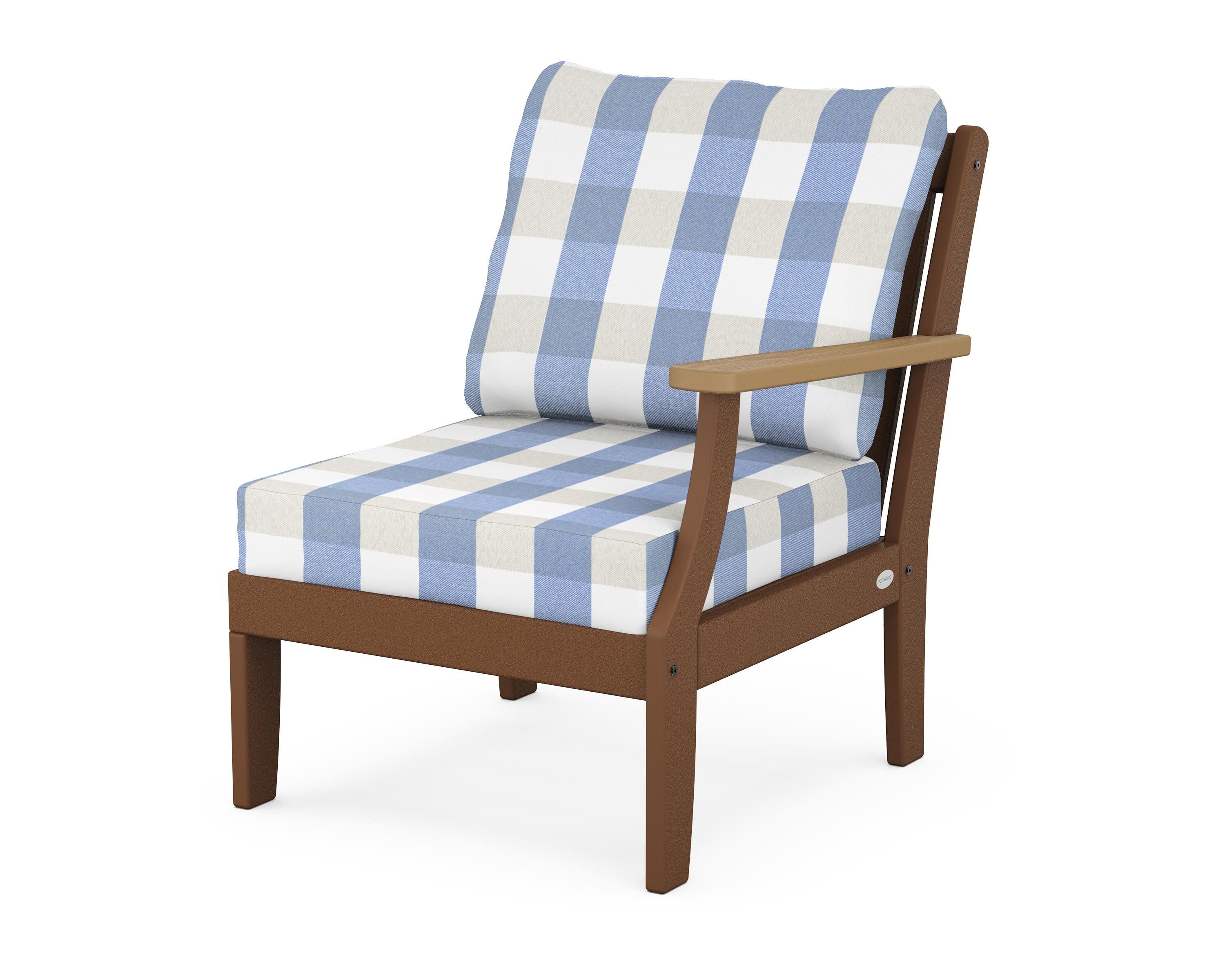 Braxton Modular Right Arm Chair in Teak / Natural / Buffalo Plaid Sky Blue